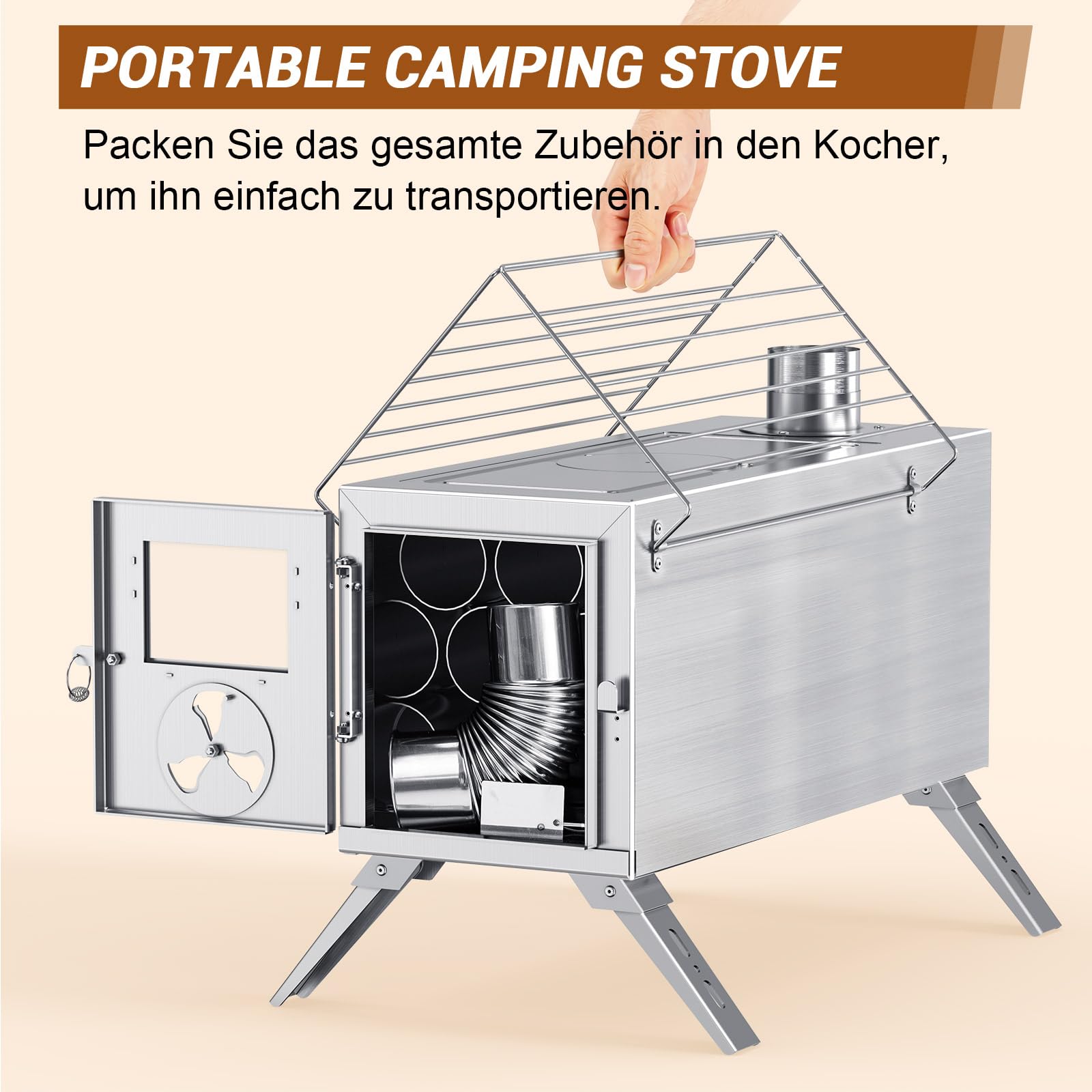 Ytaoeo Camping Zeltofen mit Schornstein, Holzofen für Zelt (Zeltofen) | Edelstahl Tragbarer Faltbarer Heißzeltofen mit 7 Kaminrohren für Outdoor, Camping, Kochen, Grillen, Wandern, Angeln, Jagd