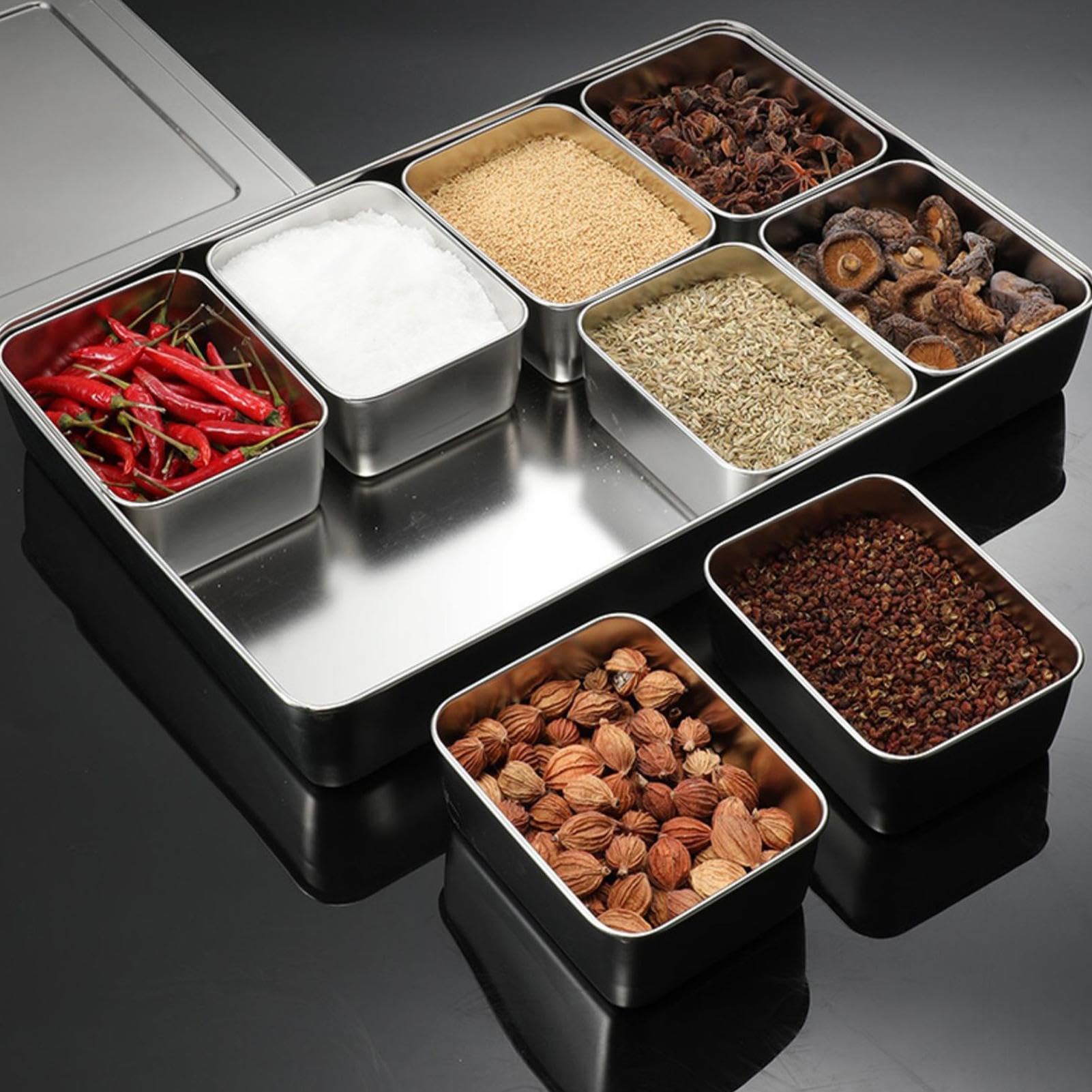 Boîte à conteneurs d'assaisonnement - plateau de condiments en acier inoxydable, boîte de rangement multi-grilles | plateau de service divisé avec porte-couvercle, stockage de condiments pour le sucre