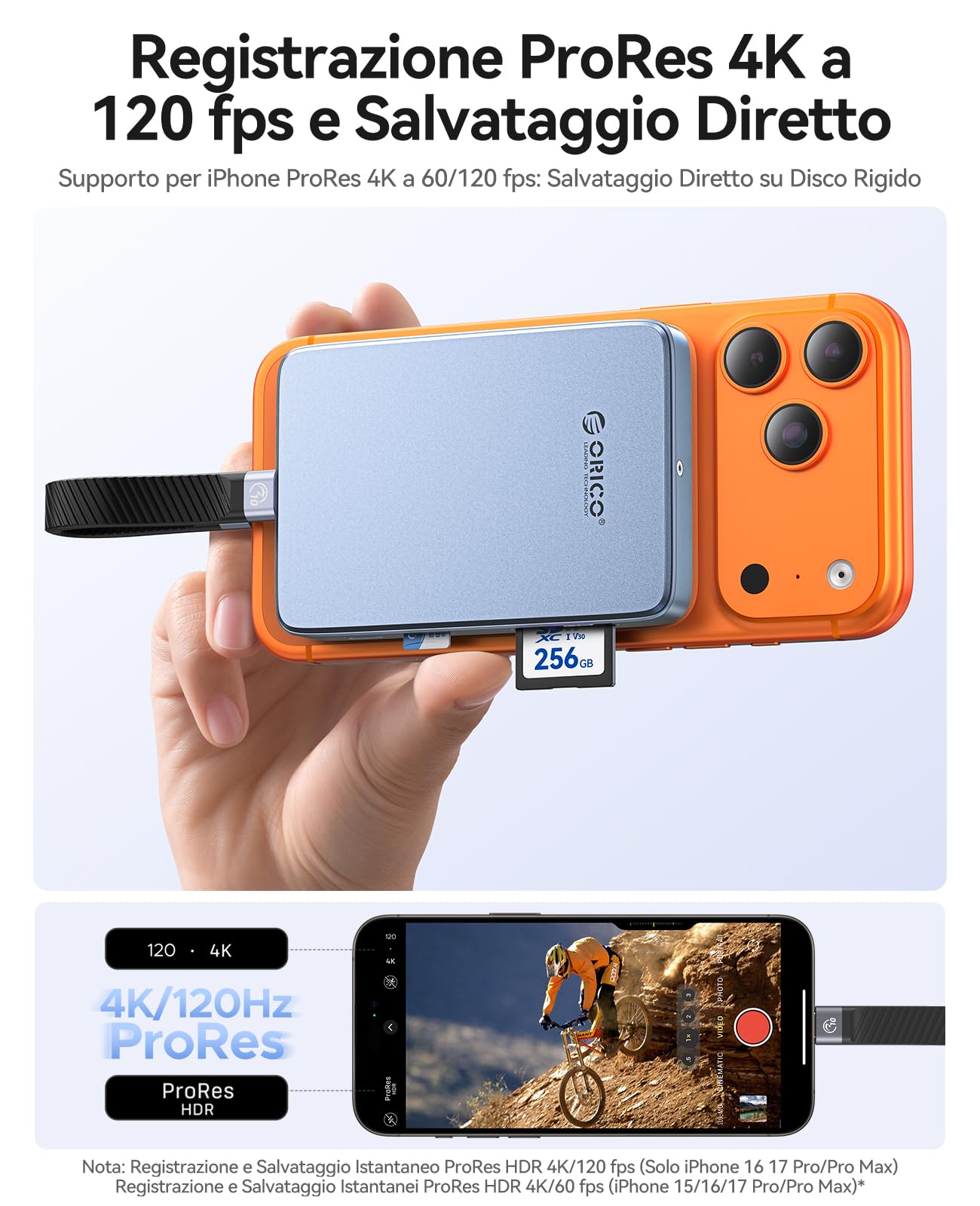 ORICO 10Gbps Magnetico M.2 NVMe SSD Case con USB-C Dock Supporta Registrazione ProRes per iPhone 17/16/15 Pro/Max/Plus TF/SD Slot PD 100W per Formati 2230/2242/2260/2280 B+M M-Key Disless AP80F Blu