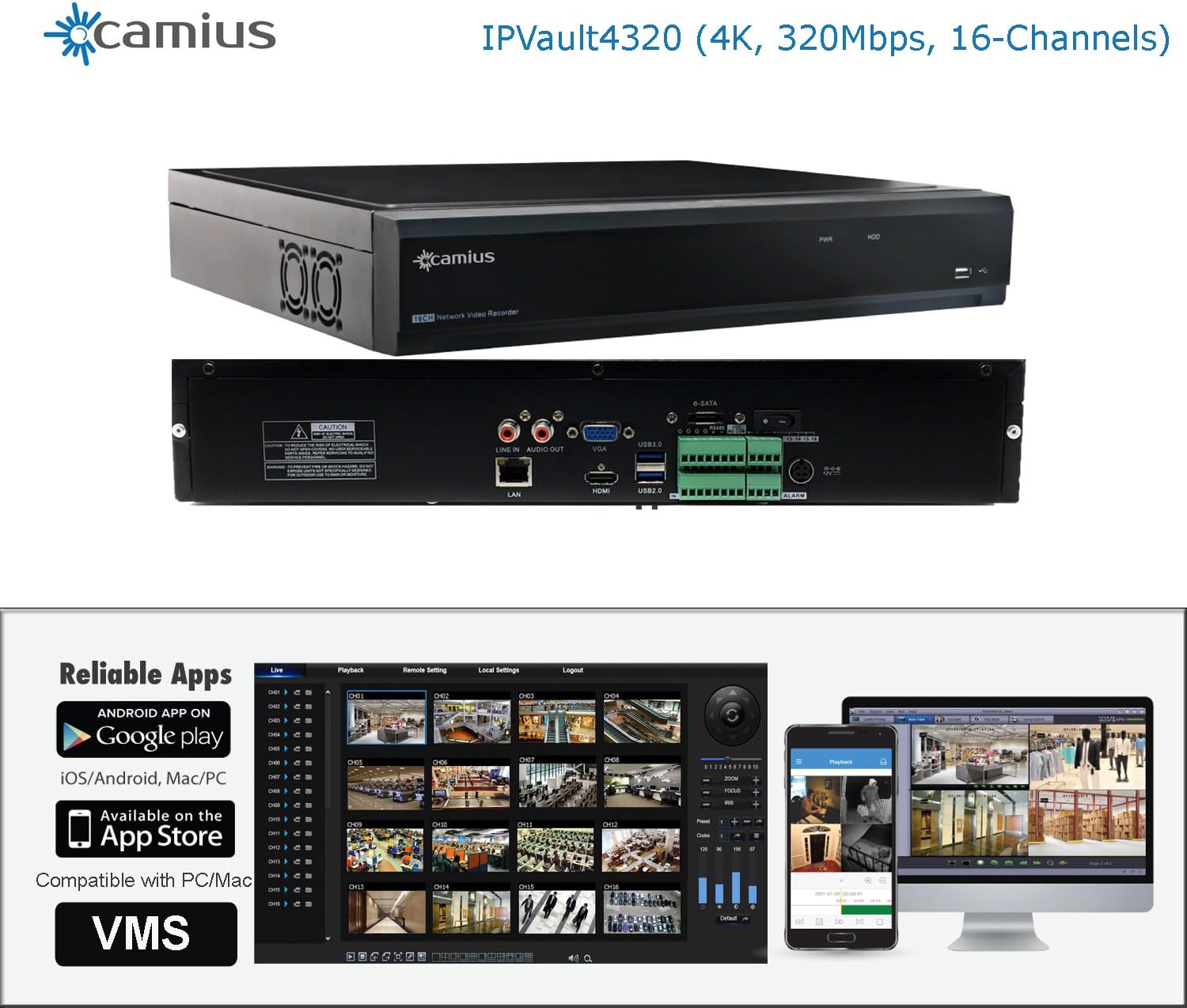 IPVault4320 16-channel 4K NVR, fits 4 Sata Hard Drives, supports Onvif IP cameras up to 8MP, H.264/H.265, 320Mbps bandwidth, PC, Mac, Mobile compatible