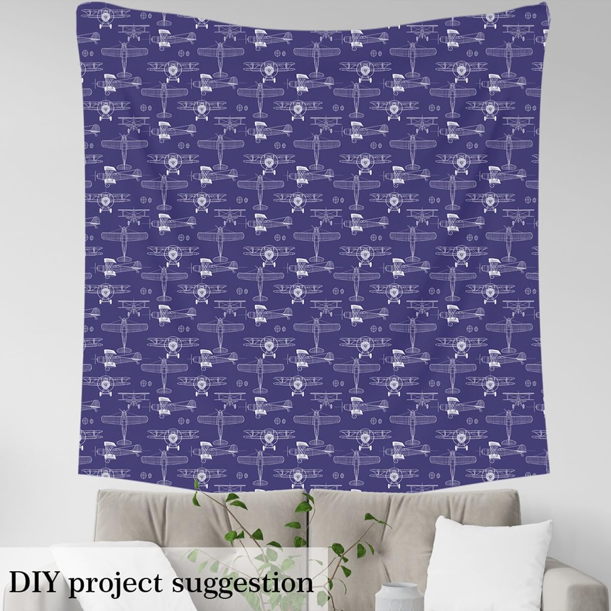 Retro Aircrafts Fabric by The Yard White Lines Modern Airplanes Fabric for Sewing Supplies Geometric Plants Circles Decor Fabric for DIY Upholstery and Home Accents 2 Yards,72" L x 59" W Navy Blue