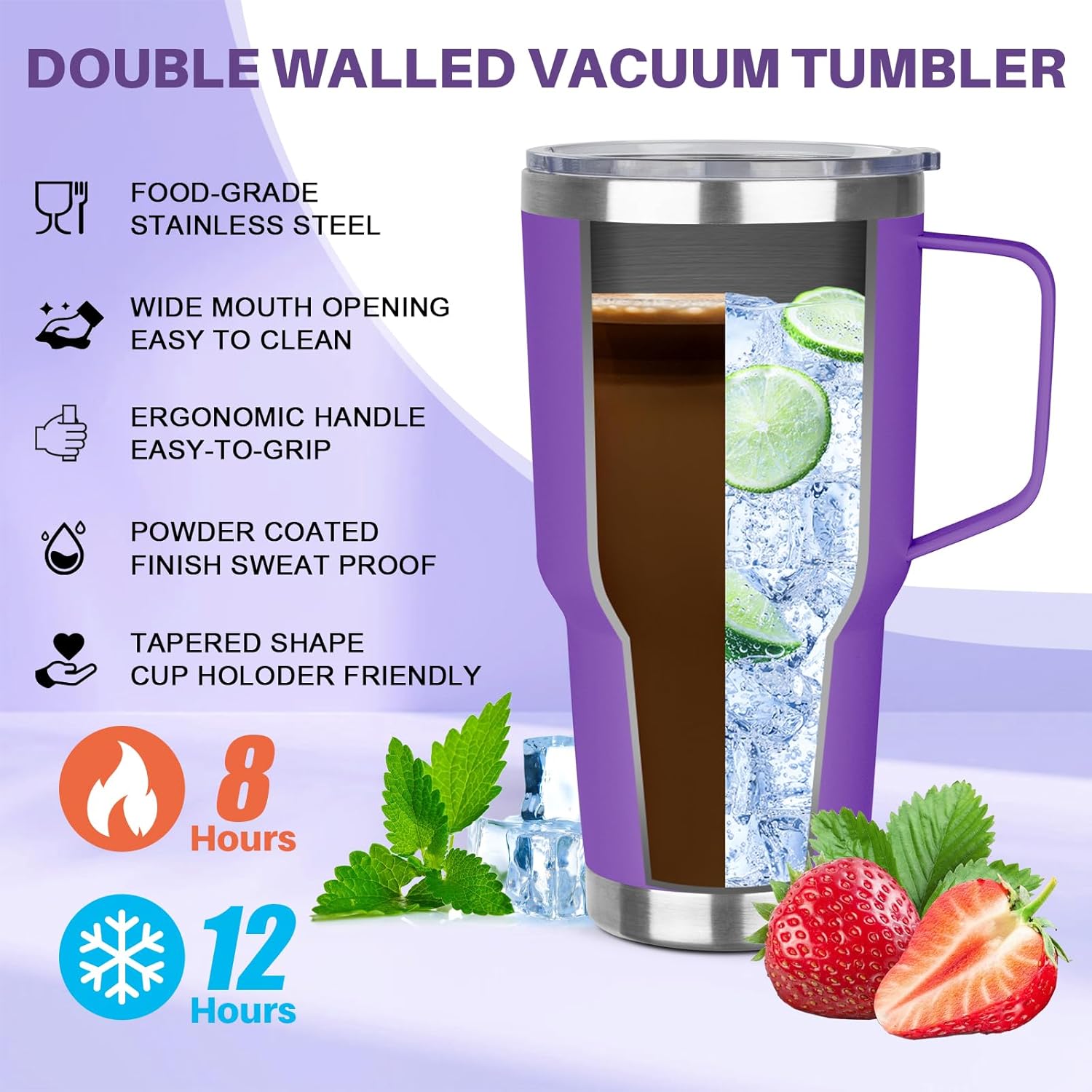 30 oz Stainless Steel Insulated Tumbler with Handle, Lid and Straw, Double Wall Vacuum Insulated Coffee Mug, Insulated Coffee Thermal Cup for Cold and Hot (Purple) - Image 3