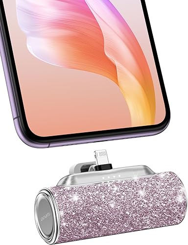 4smarts Mini cargador portátil para iPhone, batería externa de 4500 mAh con conector Lightning integrado, paquete de batería brillante con purpurina