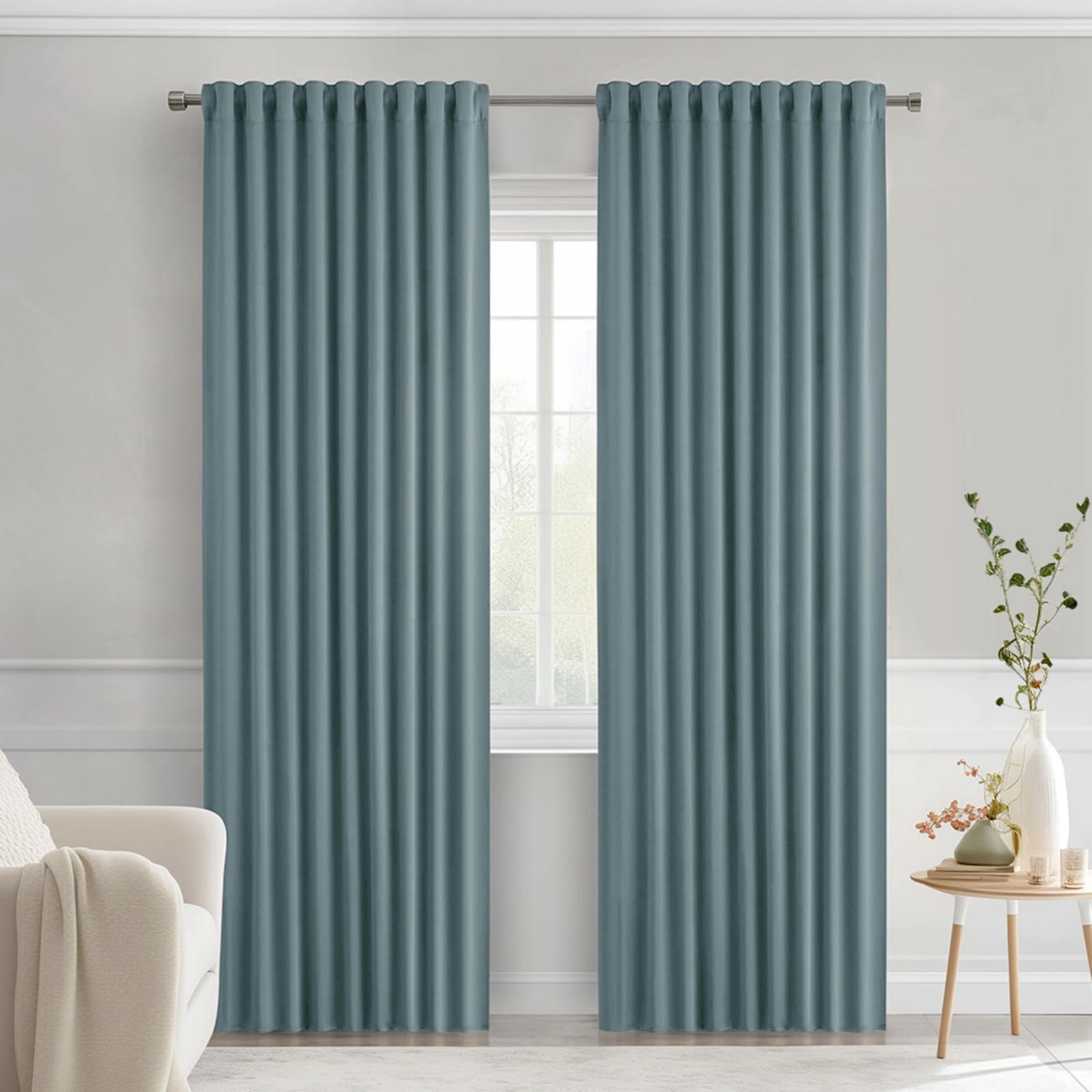 Photo 1 of [Only 1] MIULEE Greyish Blue Back Tab Blackout Curtains 84 Inch Length 2 Panels Set for Living Room Bedroom Privacy, Rod Pocket/Pinch Pleat Thermal Insulated Room Darkening Pleated Light Blocking Drapes