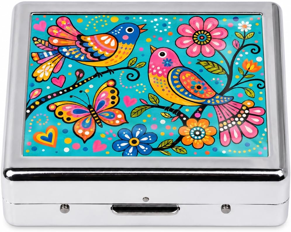 Compact Pill Case for Travel with Mirror, 8 Compartments, Happy Birds