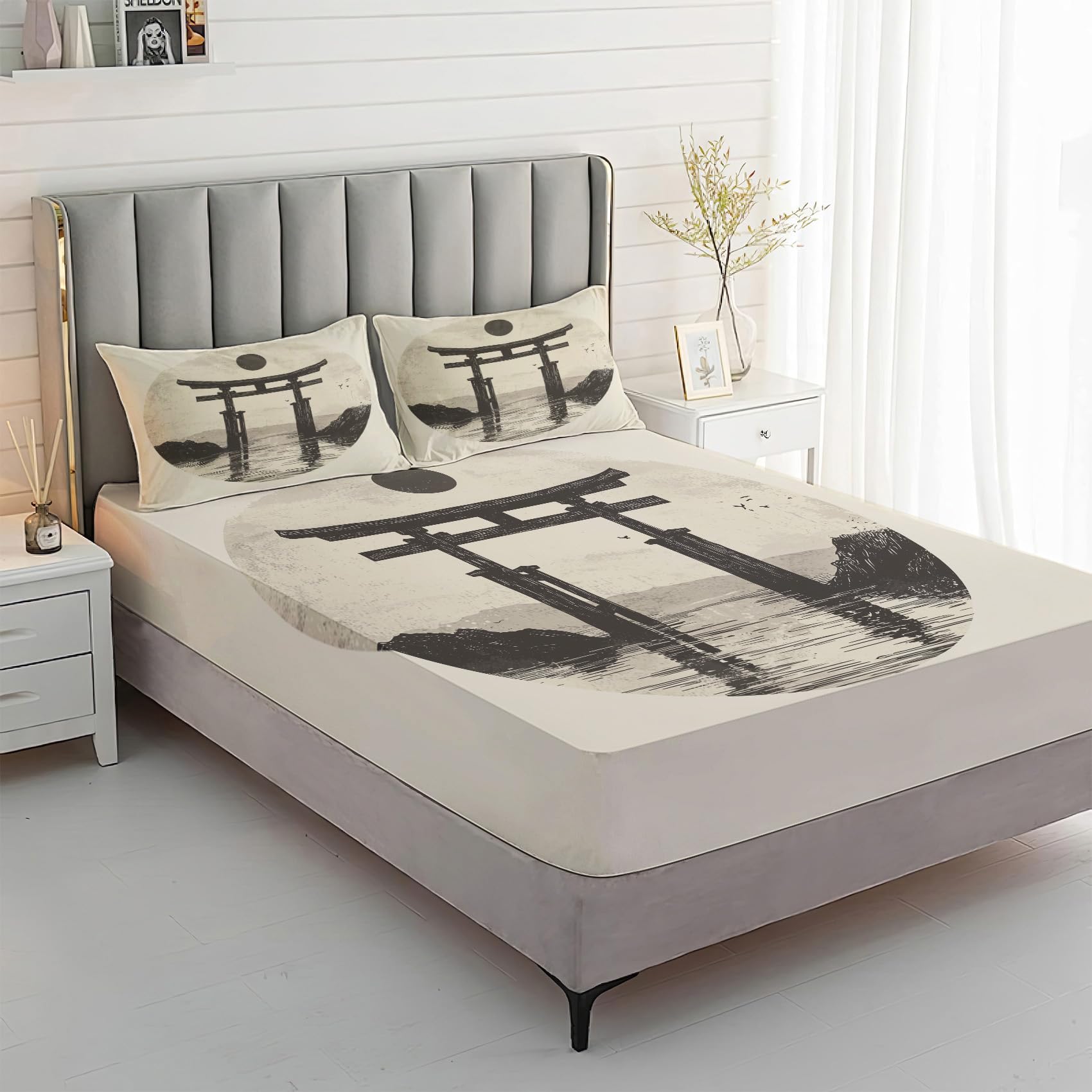 Zvynqour - Japanese Style Twin Size Sheet Set - Torii Gate Sheet Set - Deep Pocket Fitted Sheets, Flat Sheet & Pillowcases - 3 Piece, Bedding &