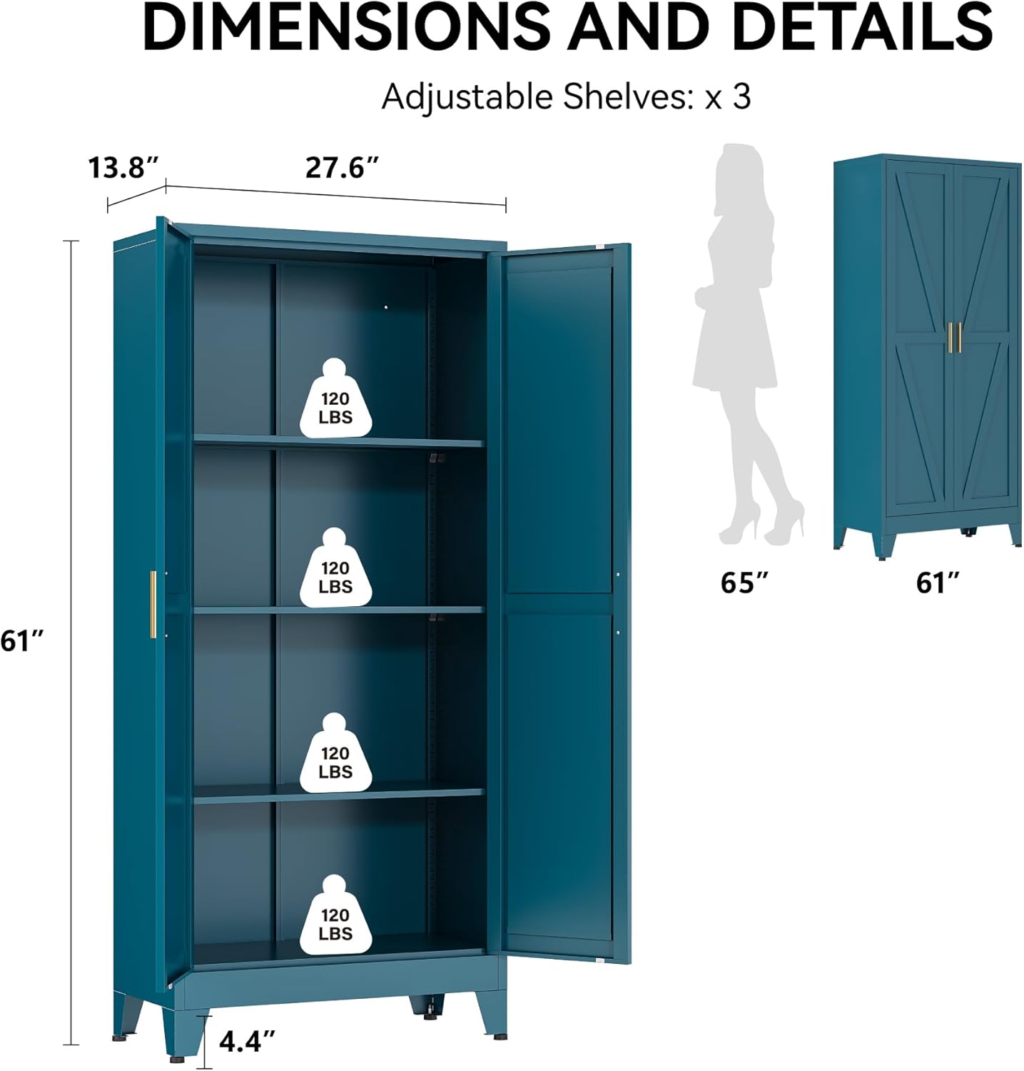 COFaR 61" Metal Pantry Cabinet in Peacock Blue, Farmhouse Storage Cabinet with Adjustable Shelves, Sturdy Freestanding Cupboard for Kitchen Organization, Bathroom & Living Room
