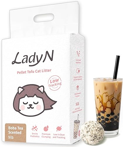 Lady N Pellet Tofu - Arena para gatos con aroma a té Boba, fuerte aglomeración, ultra absorbente, sin polvo, bajo seguimiento, soluble en agua,