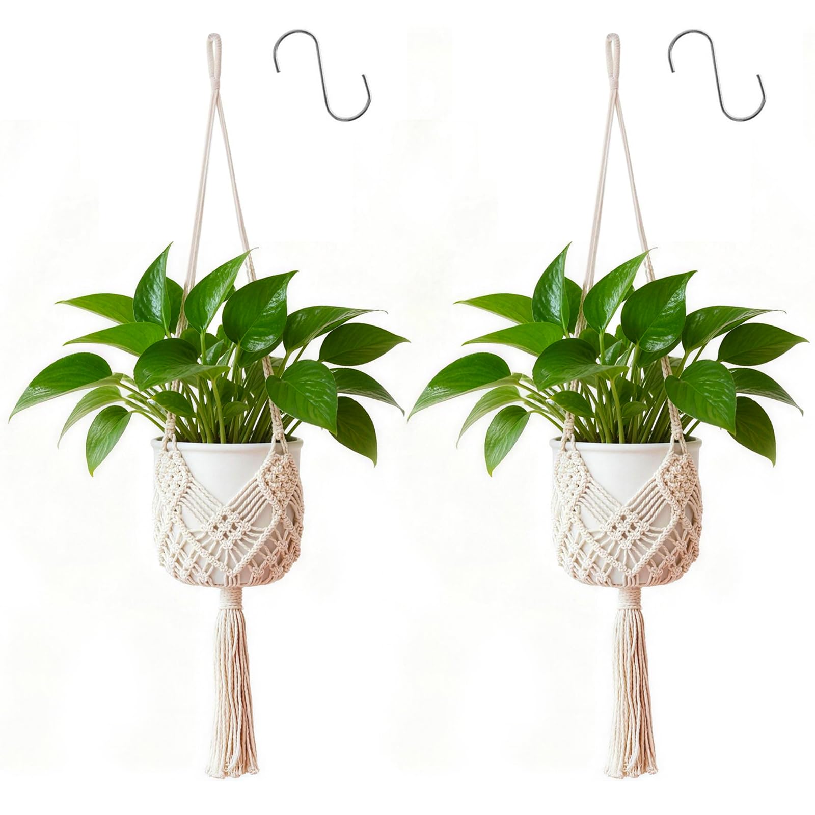 Apstaqeoo Macrame Plant Hanger Hanging Plant Holder Indoor Cotton Rope Hanging Planter Basket Ceiling Wall Decorative Flower Pot Holder With S Hook for Outdoor Boho Garden Home Decor 90CM, Ivory,2PCS