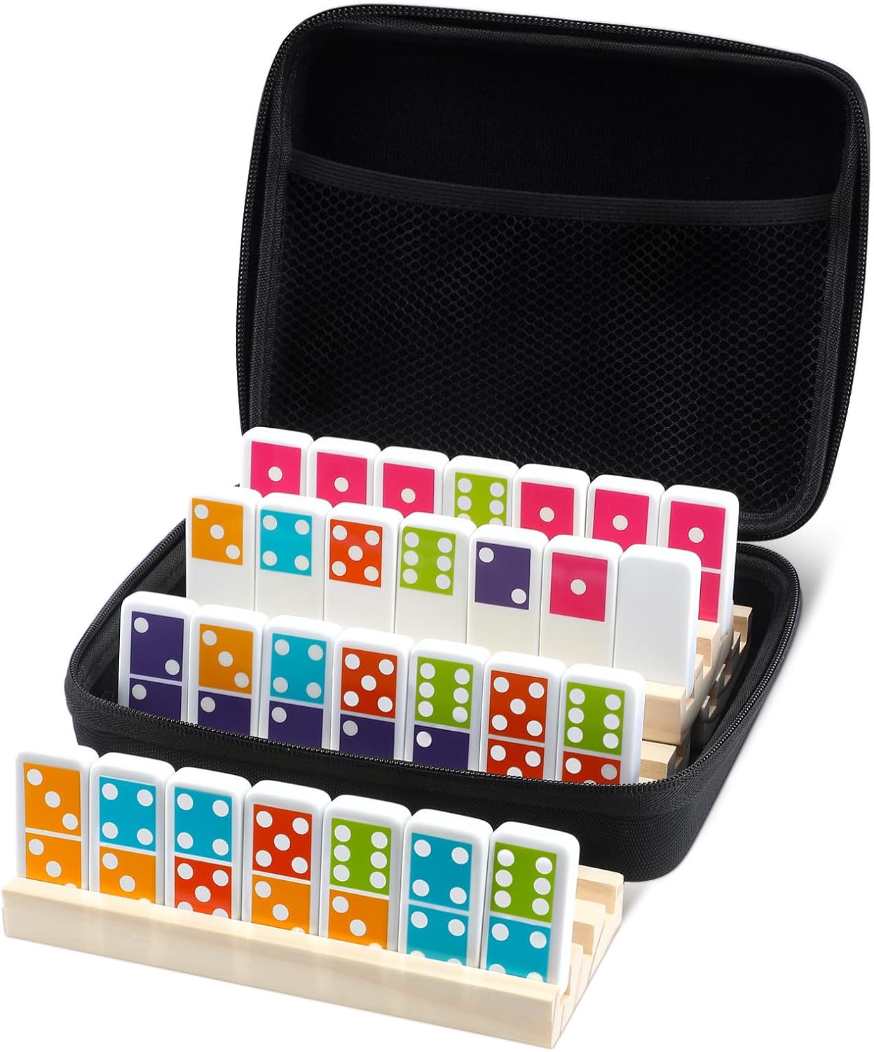 Dominoes Set for Adults 28 Colorful Double 6 Domino Tiles with 4 Wood Racks and Portable Travel Case, Family Party Board Games for Learning Educational Toys Gift