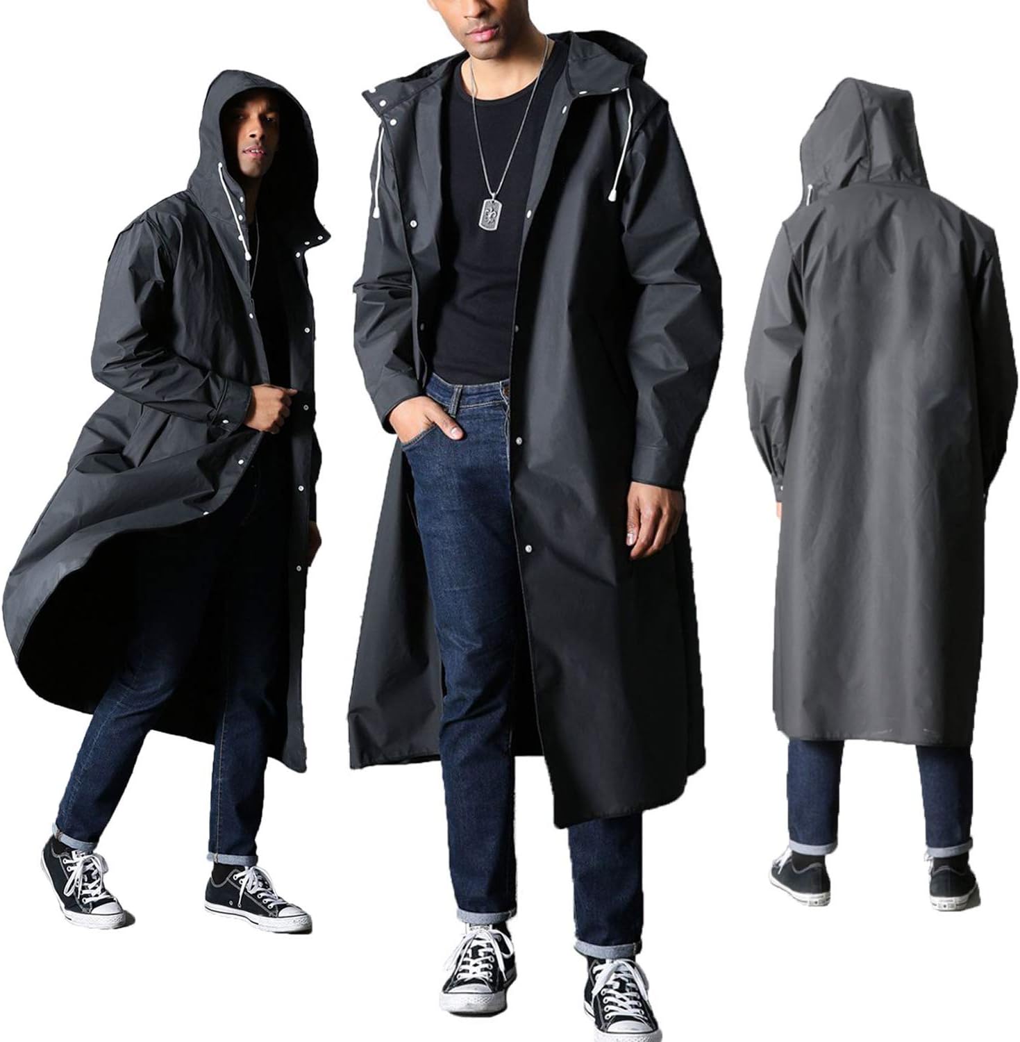 PAQI Rain Poncho Coat Guards Outdoor Rain Coats for Women Men with Drawstring Hood L