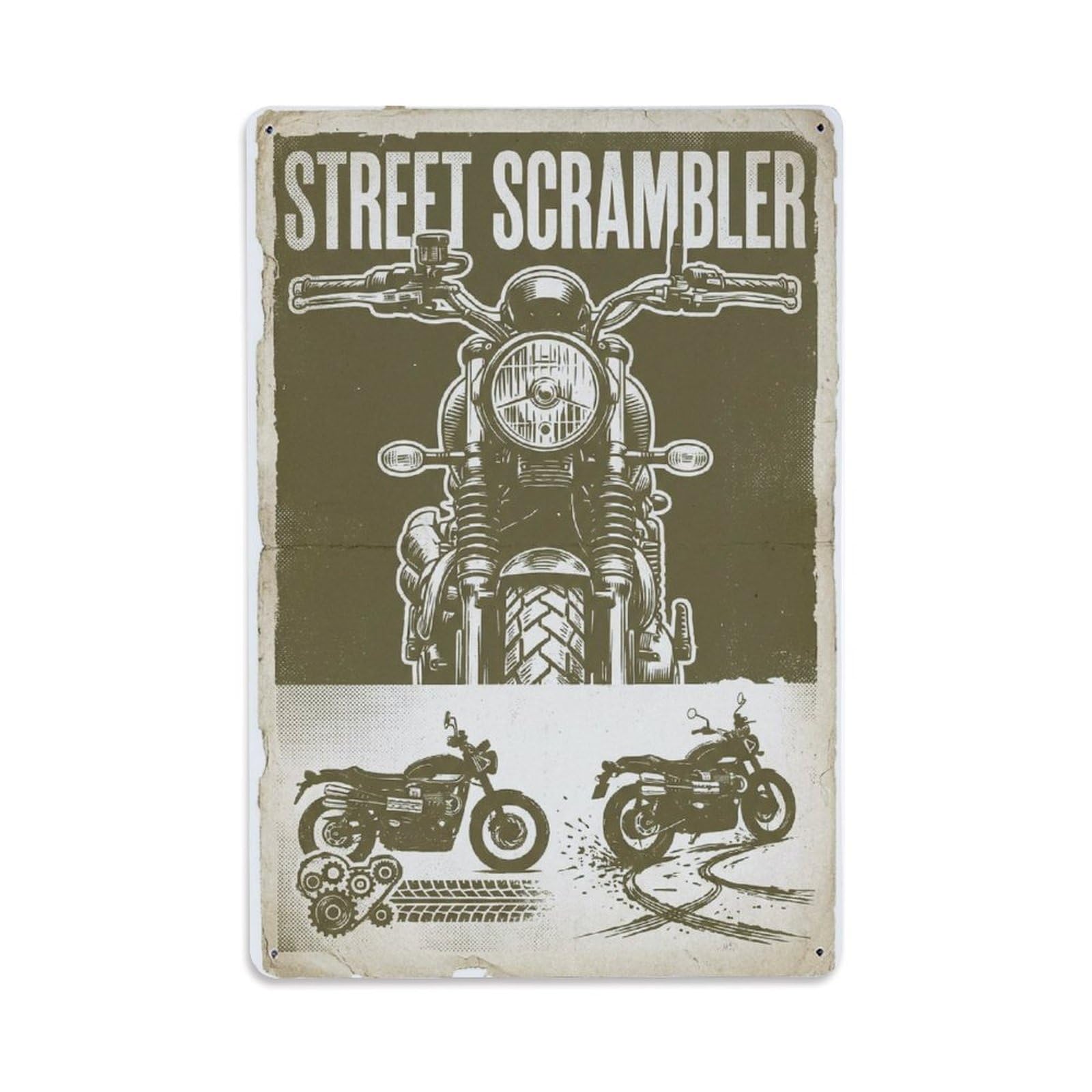 Street Scrambler Classic Motorcycle Vintage Trail Heritage Metal Tin Sign Plaque Wall Decor for Cafe, Man Cave, Club Bar, Office, Home Garden Round Metal Poster 8x12Inch