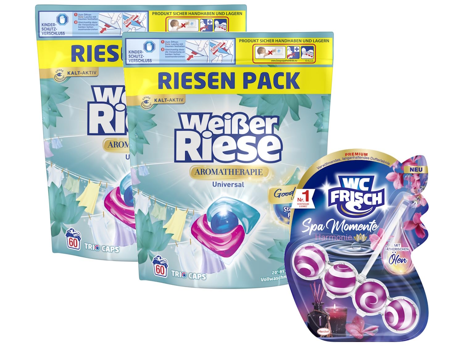 Weißer Riese Universal Trio-Caps A-Th. Lotus & Mandelöl (1x 120 WL), Vollwaschmittel mit intensivem Dufterlebnis & WC FRISCH Spa Momente Harmonie (1x 50g), langanhaltendes Dufterlebnis