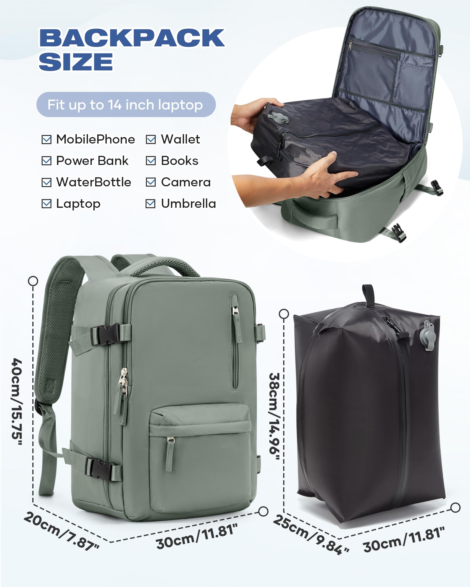 SZLX Zaino Ryanair 40x30x20 Sottovuoto Bagaglio a Mano 40x20x25 Donna Zaino da Viaggio 40x30x20 Wizzair Borse da Cabina per Easyjet 45x36x20 Uomo per Laptop 14 Pollici con Porta USB e Porta Scarpe