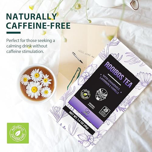 Miniatura 4 de Soeos Té Rooibos, manzanilla, lavanda y vainilla, té de hierbas, 20 unidades (paquete de 5), té de hierbas naturalmente dulce, té sin cafeína, 100