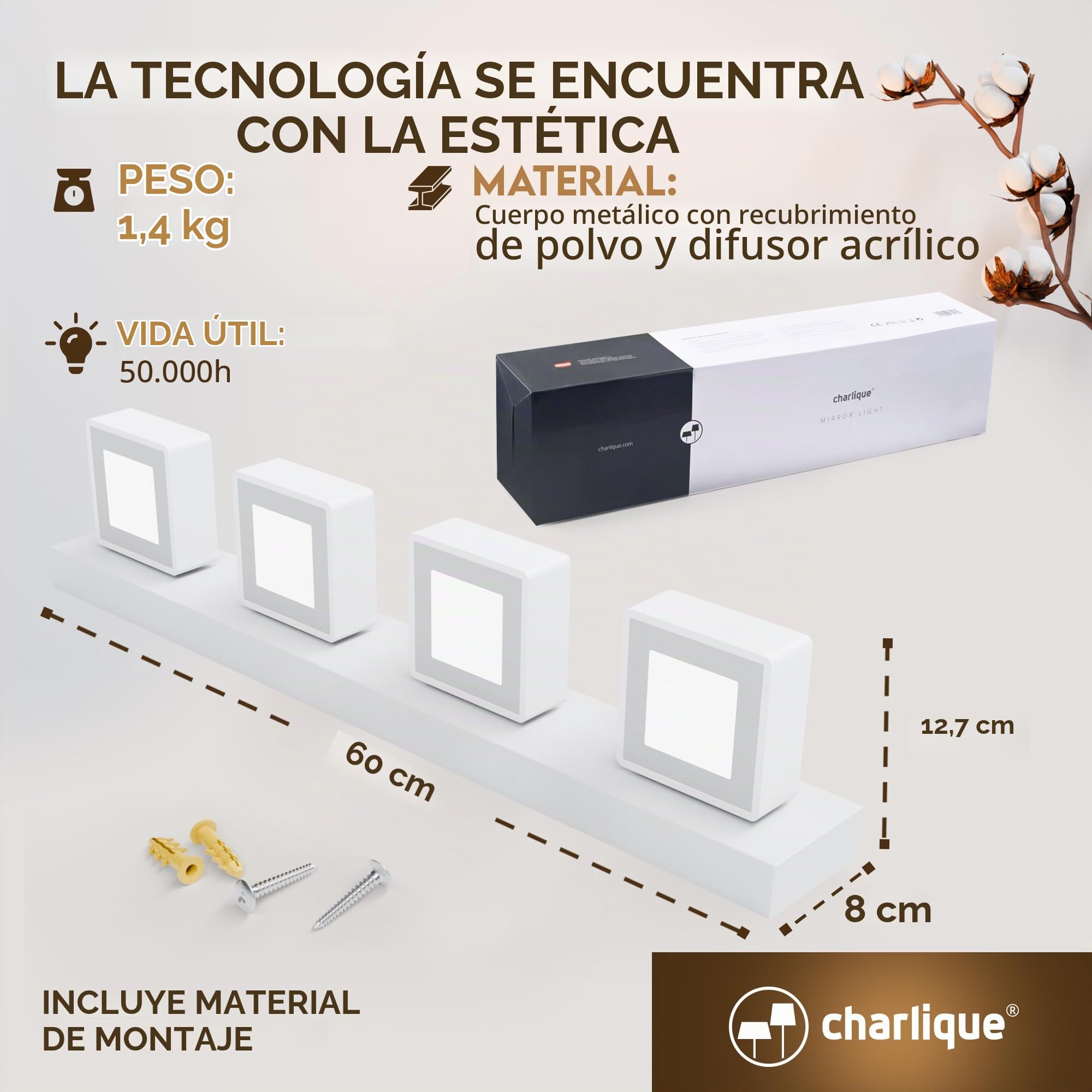 luz baño para espejo - aplique espejo baño Mirror Light, 60 cm, blanca, luz baño pared LED para baño, aplique baño, lampara pared para interiores, lámpara con luz cálida, 2700 Kelvin