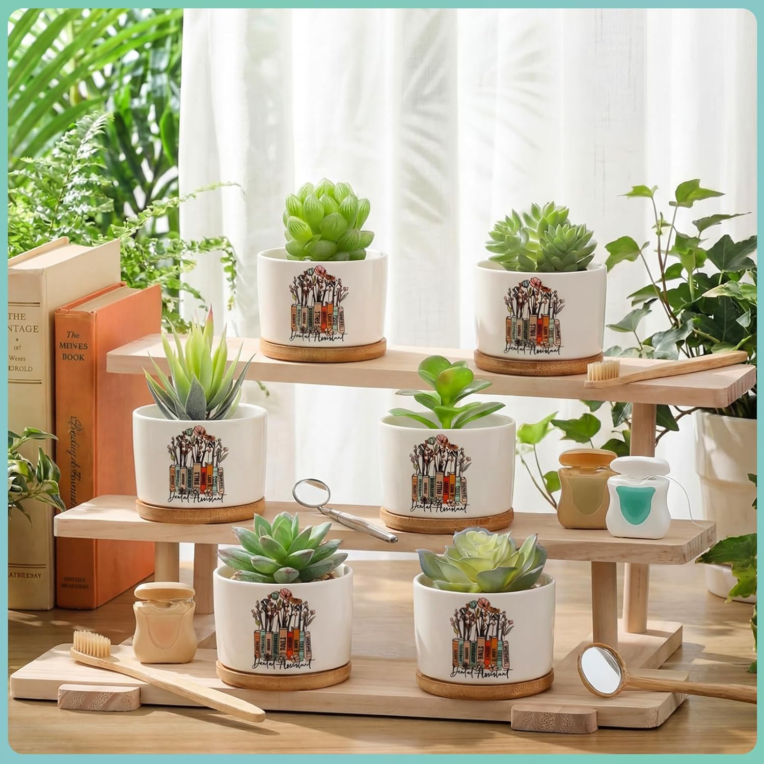 Havawish 6 Pcs Dental Assistant Gift Ceramic Succulent Planter Pots Mini Porcelain Plant Containers Funny Gifts for Dentist Dental Office Home Desk Tooth Decoration, Plants Excluded