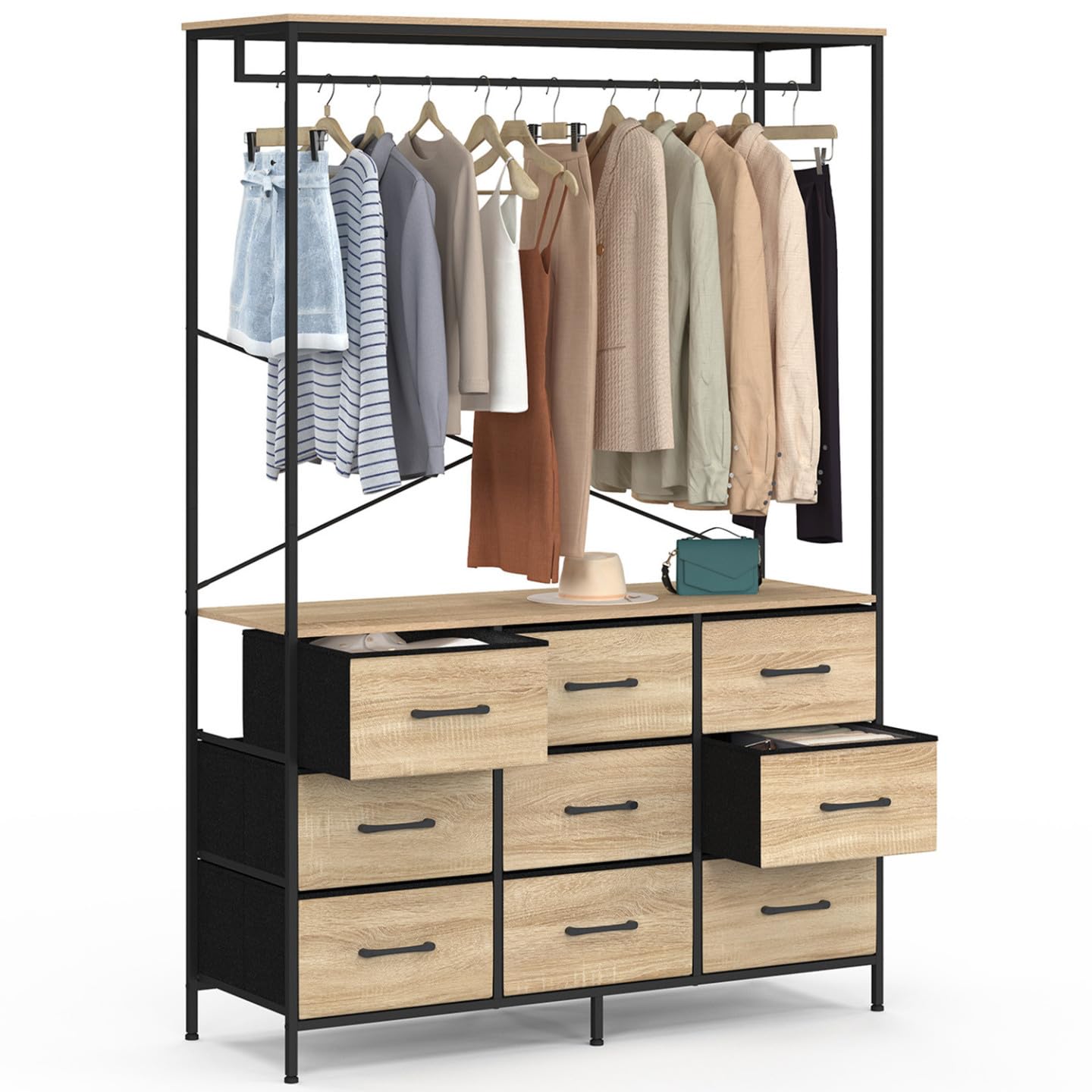 IDMarket - Ropero con vestidor L. 115 cm UTAH con 9 compartimentos de tela, madera y negro