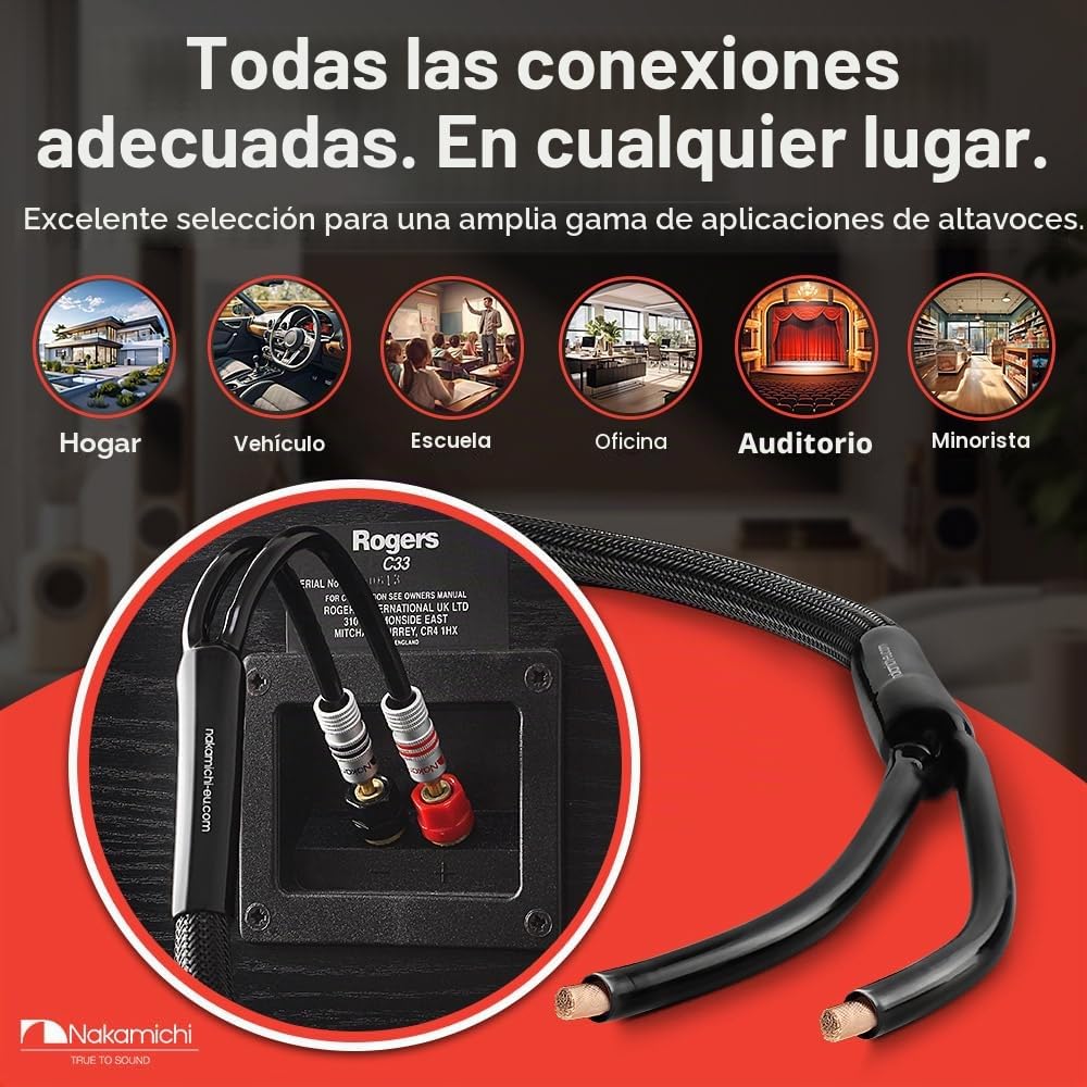 Nakamichi Excel Series Conector tipo banana chapado en oro de 24 quilates con cable de altavoz 99.9% cobre libre de oxígeno (OFC) trenzado Certificado CL2 - Negro (12 AWG / 10 pies / 3,0 m) 2 paquete