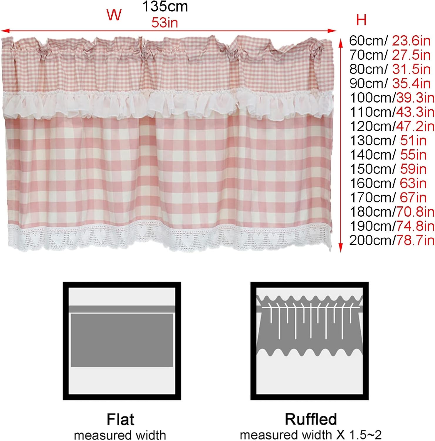 Plaid Kitchen Curtain,Romantic Cafe Tier Curtains Rural Style Window Treatment Lace Trim Rod Pocket,for Living Room,Bathroom,Cupboard,Storage Shelf,Blackout Dust Curtain Valance ( Color : Pink , Size