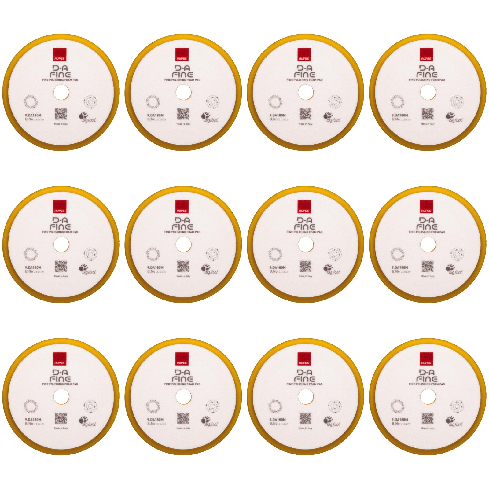 RUPES 9.DA180M Pack of 12 Yellow D-A Fine Finishing Foam Pads 180mm | Ideal for Paint Correction | Moderate to Fine Defect Removal | Compatible with 6" Backing Plate