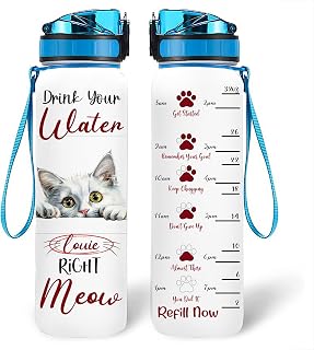 Custom Name Drink Your Water Right Meow Turkish Angora Cat Lovers Personalized Water Tracker Bottle 32oz Motivational Time Marker Bottle Gift Idea for Christmas Weddings
