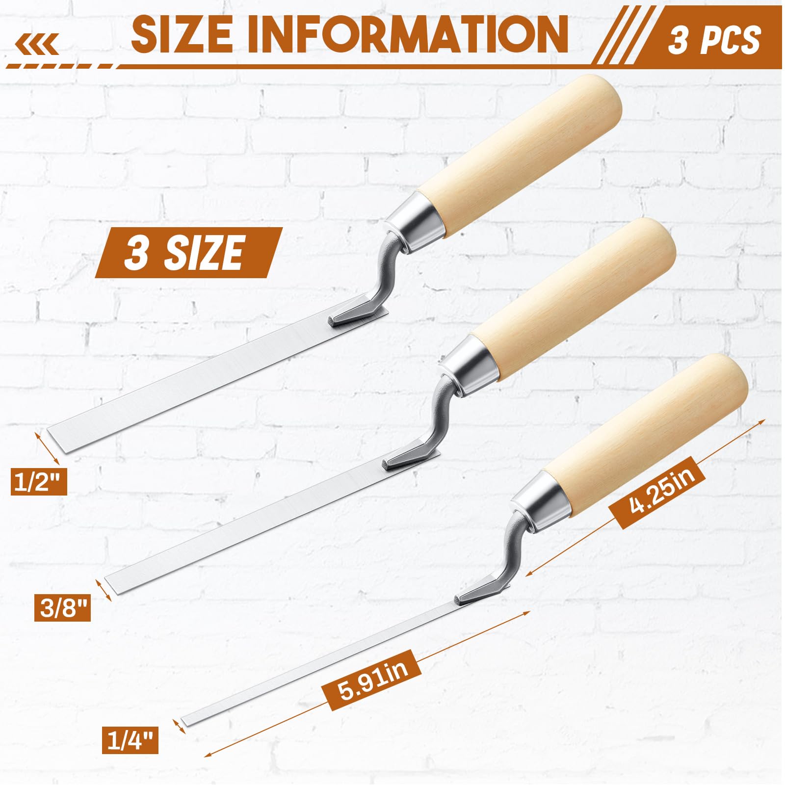 3 Pcs Pointer Trowel, 6-3/4" by 1/4", 3/8", 1/2",Wood Handle — Amazon image 2