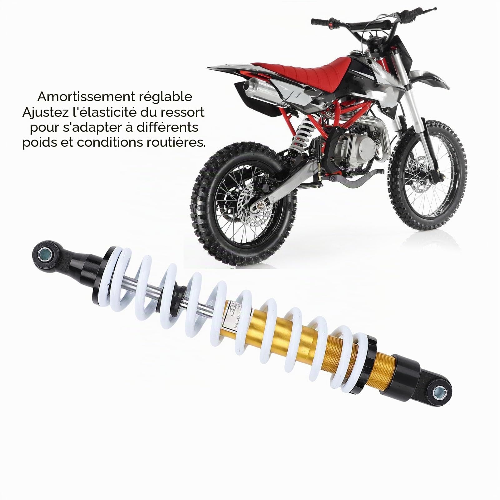 Amortisseur de Suspension de Moto 400 Mm, Robuste et Réglable, Ressort de 10 Mm de Diamètre avec Support en Alliage D'aluminium Haute dureté pour VTT, Quad, Dirt Bike, Kart,