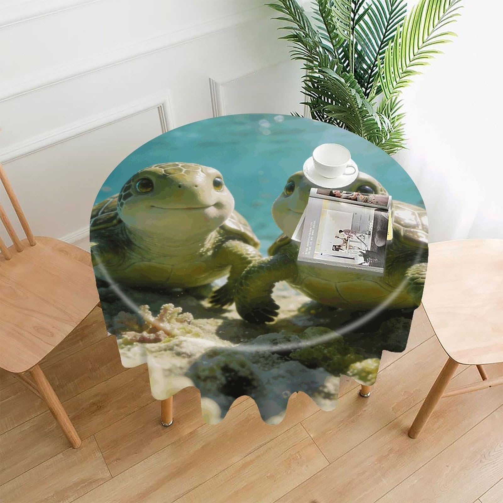 LZQPOEAS Cute Turtles Tablecloth Easy to Clean Polyester Round Table Cover Washable Round Table Cloth Wrinkle-Free Circle Decoration Tablecloth for Kitchen and Dining Room 60"