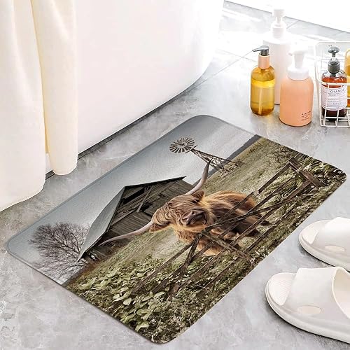 Miniatura 3 de Highland Cow - Tapete de baño rústico con diseño de animales divertidos, molino de viento vintage, de espuma viscoelástica, juego de 3 piezas, 15.7
