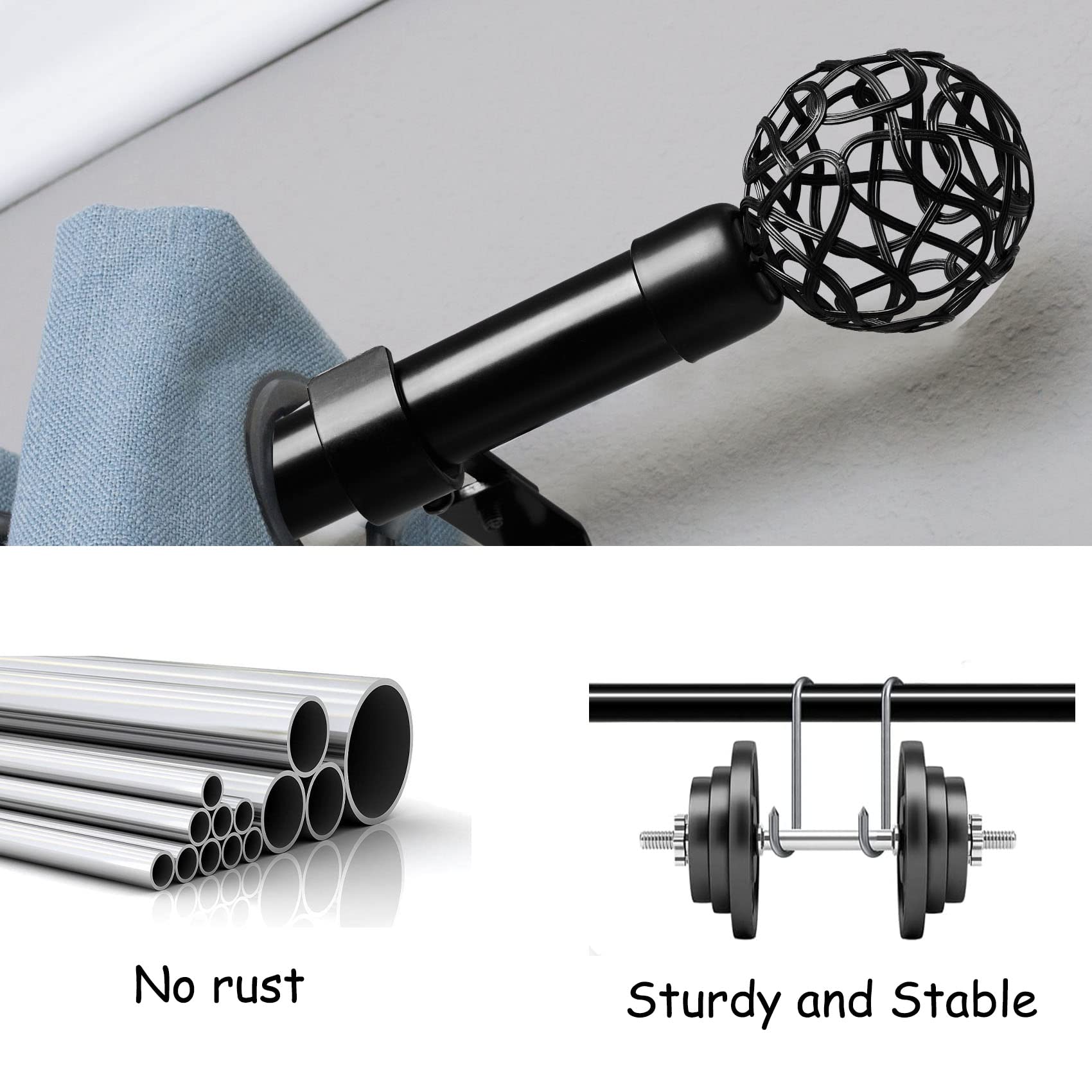 JRZOO Gardinenstangen Set – Verstellbare Wrap-Around Stangen, 122-213 Cm, Mattschwarz, Für Verdunkelung