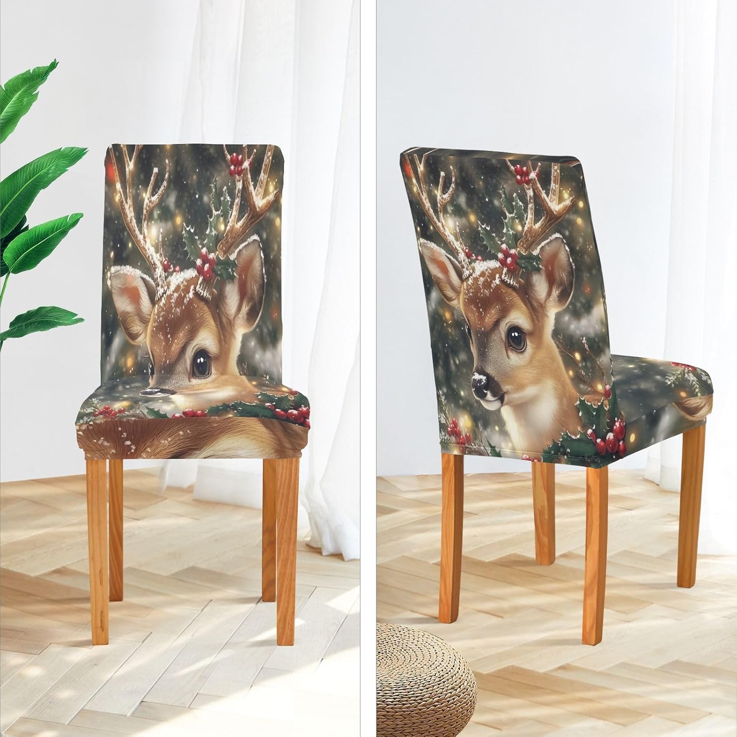 ALAZA Chair Covers for Dining Room, Christmas Reindeer Stretch Chair Cover Sets Chair Protector Removable Washable for Ktichen Restaurant Hotel