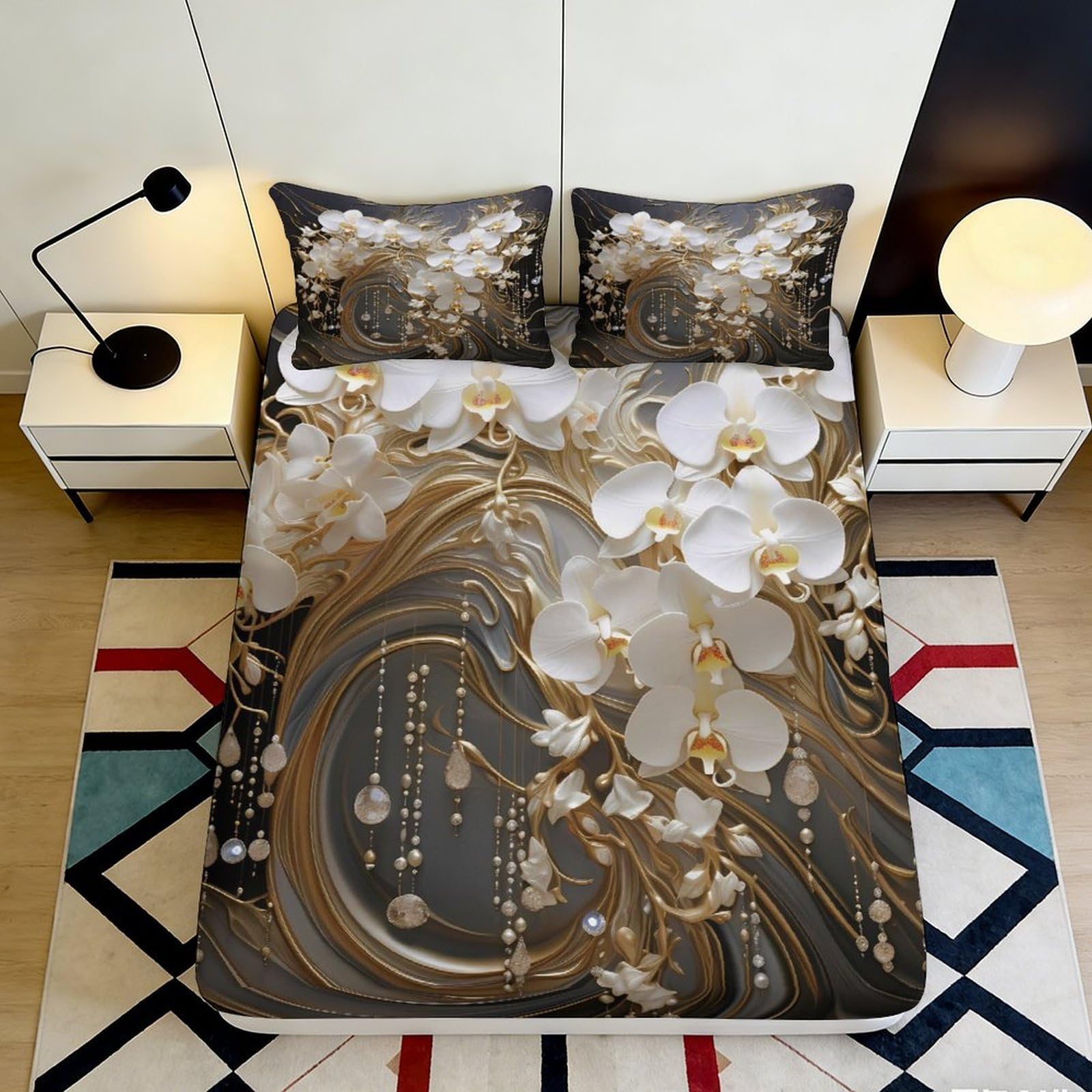 3D Printed White Orchid Gold Pearl Fitted Sheet Microfiber Soft Bed Cover for Bedroom Guest Room Decor 120x200x25cm