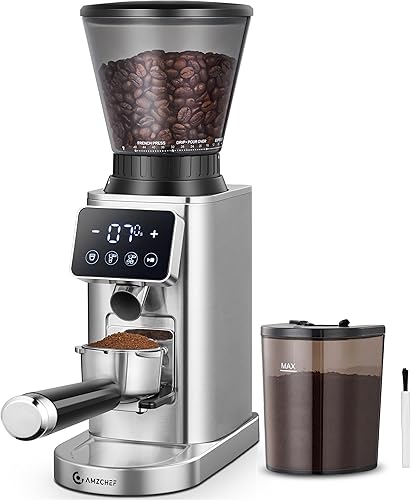 AMZCHEF Coffee Grinder, Burr Coffee Bean Grinder for Home Use with 48 Precise Grind Settings, Detachable Funnel Stand for Espresso, LED Control