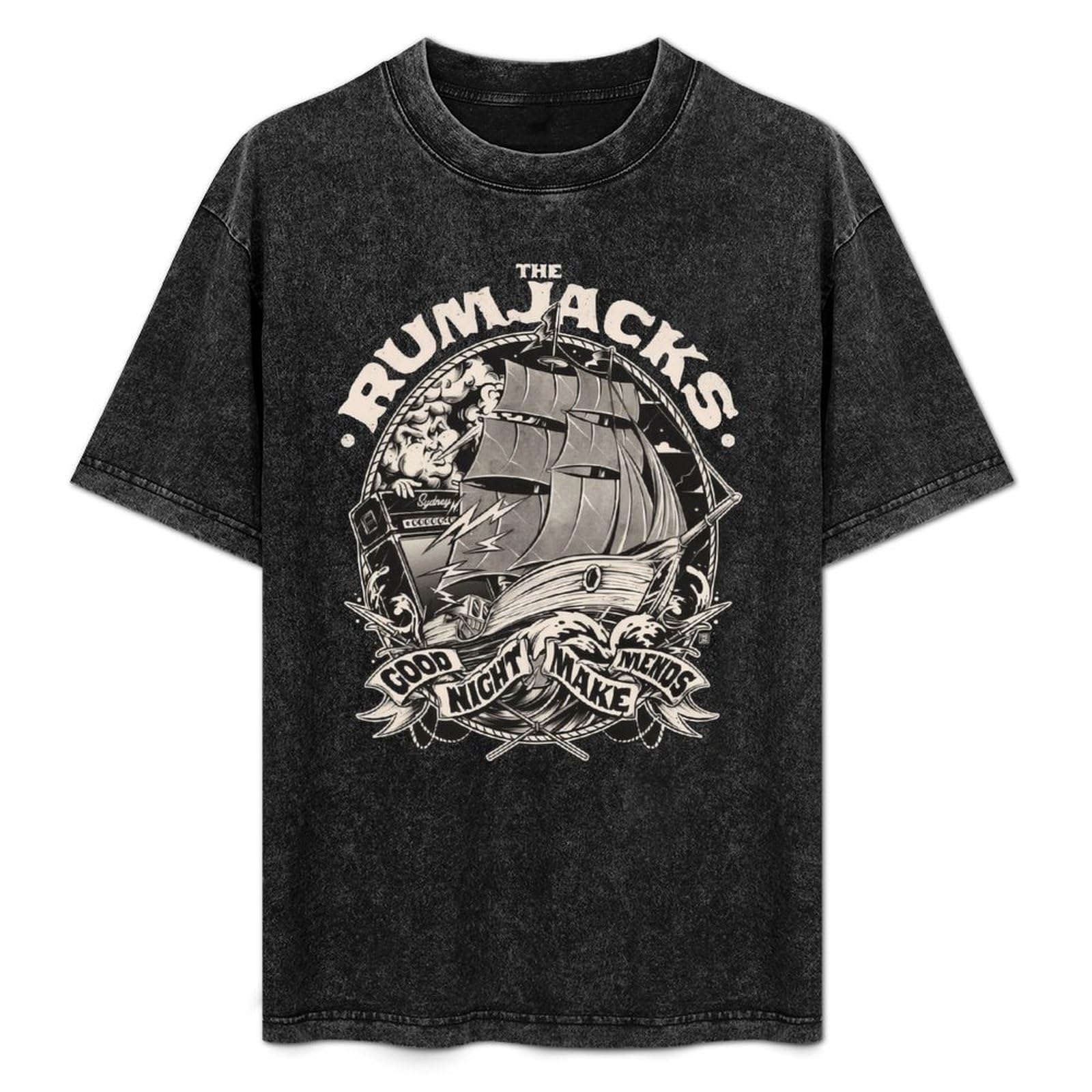 The Rumjacks Summer Casual Tee Short Sleeve Crew Neck Cotton Tops Unisex Washed Vintage T-Shirt Black XXXL