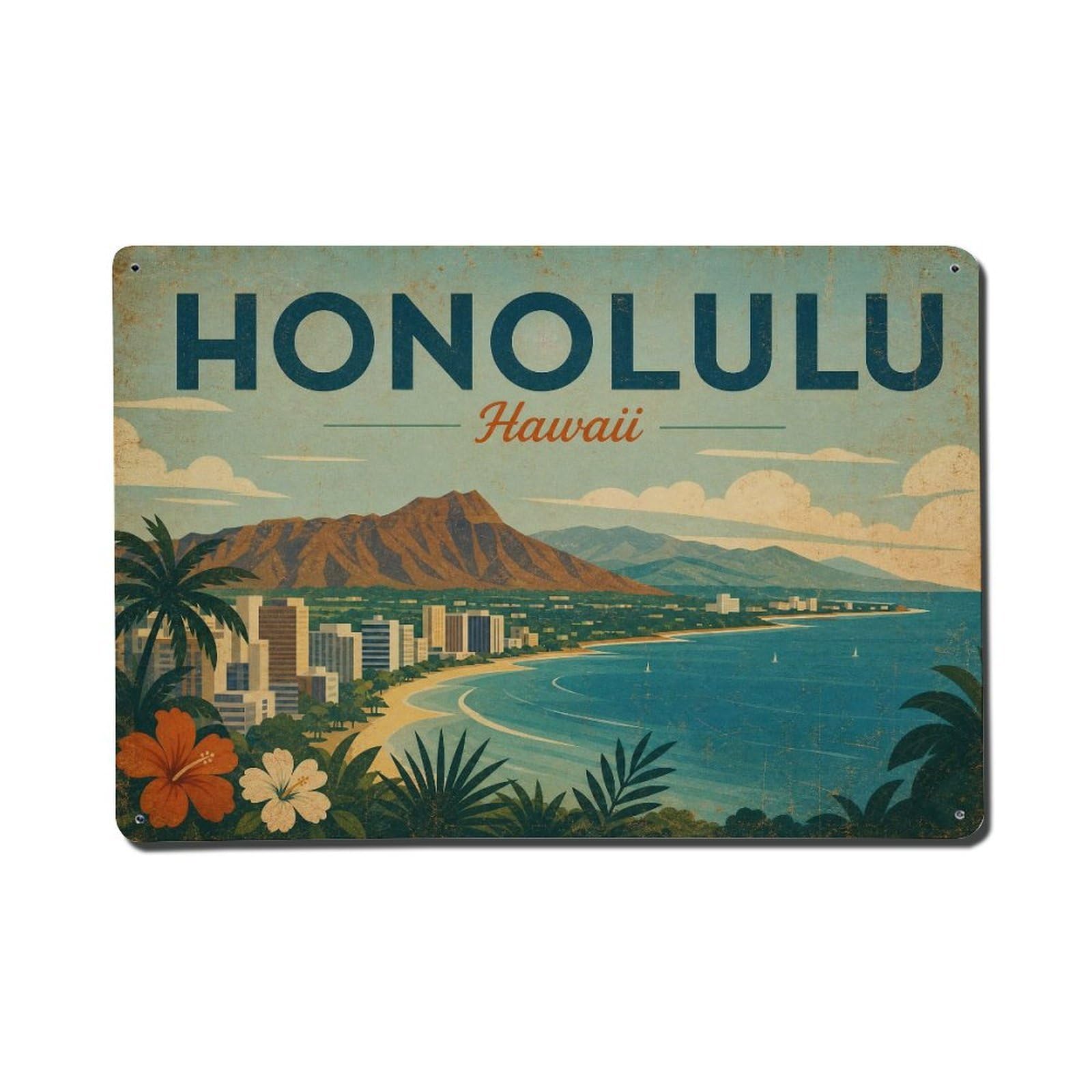 Huiyhb 8X12inch(20X30cm) Vintage Travel Honolulu Hawaii Panorama Metal Tin Sign