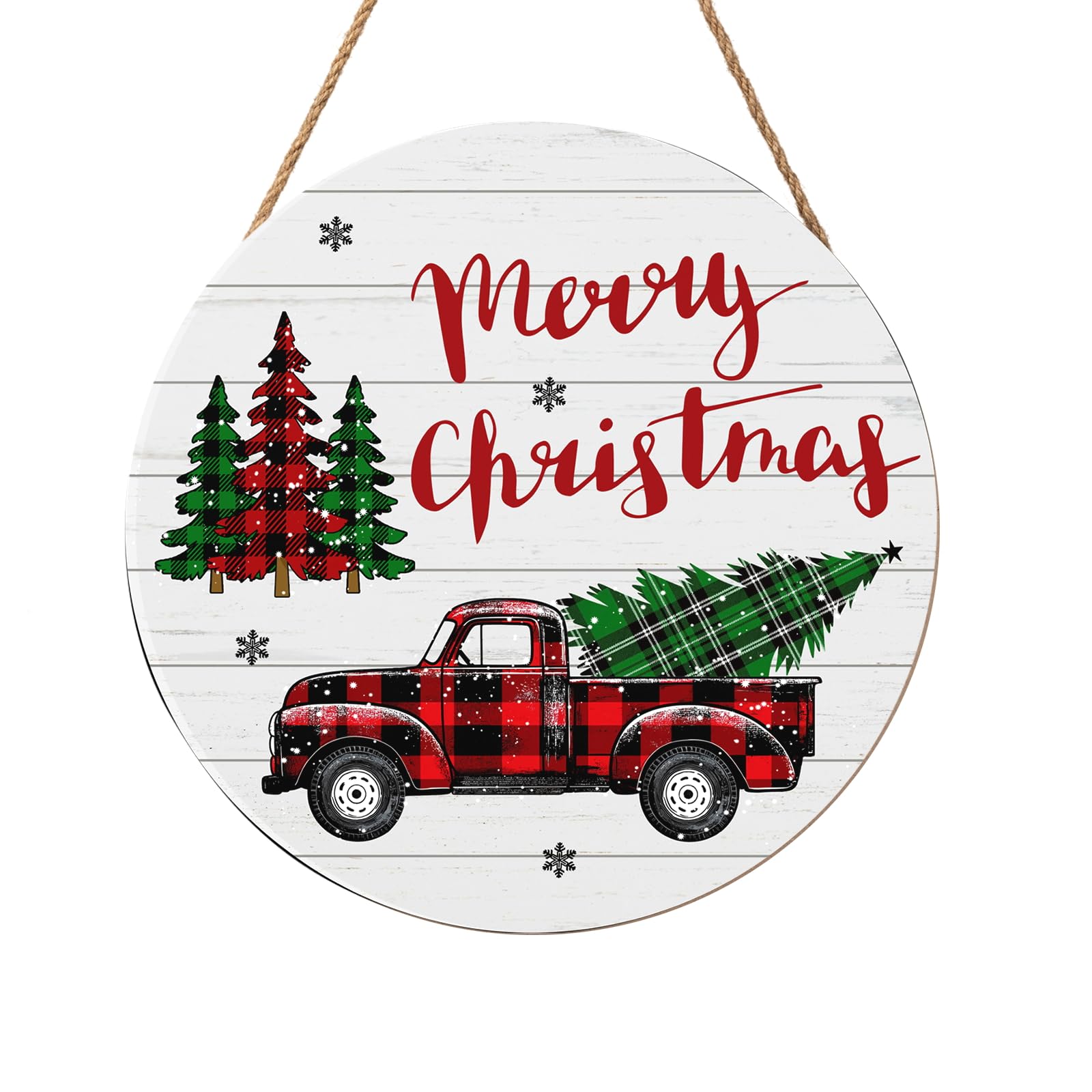 Merry Christmas Door Sign,ChristmasTree Decorations Wooden Holiday Hanging Sign for Front Door, Winter Decorations for Home Garden Christm New Year 12"x12"