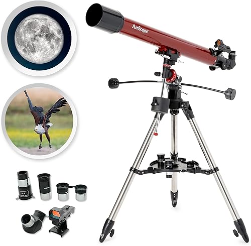 AmScope Telescopio Refractor EQ con montaje ecuatorial, apertura de 2.756 in, longitud focal de 35.433 in, trípode de acero inoxidable y buscador de