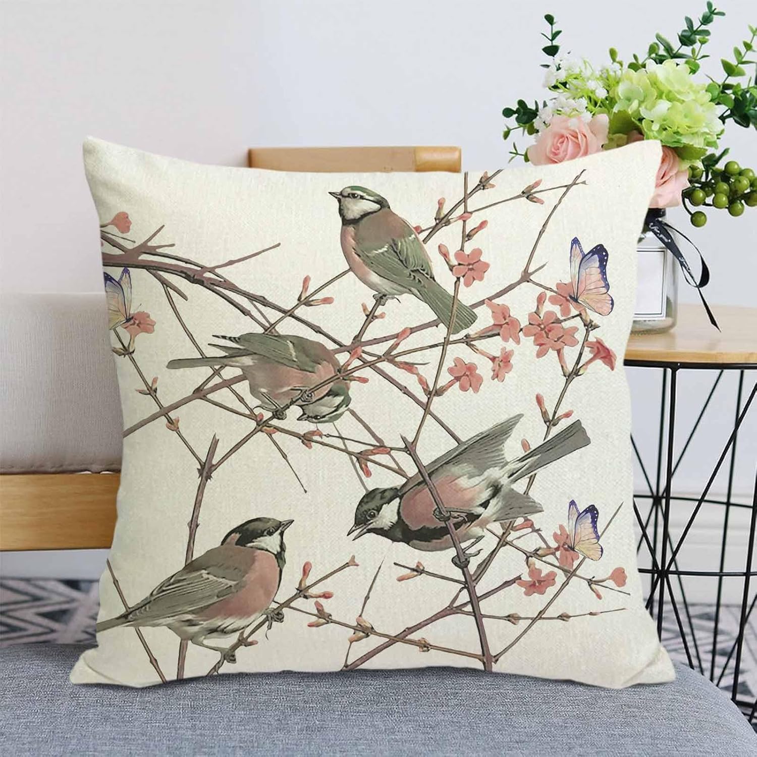 Decorative Linen Pillow Covers 18x18 Flower Watercolor Bird Pillowcase Cushion Cover for Patio Garden Sofa Couch Bed Chair Car - Image 6
