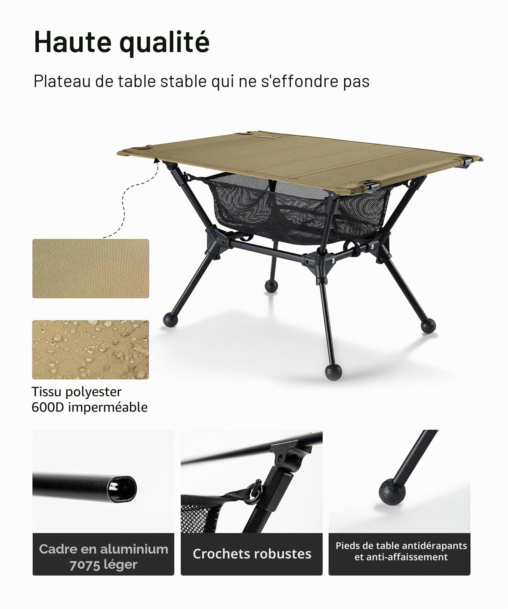 OneTigris Dipper Table de camping pliable avec sac de transport - Table d'extérieur légère pour la pêche et la randonnée - 60 x 40 x 37 cm - Marron coyote