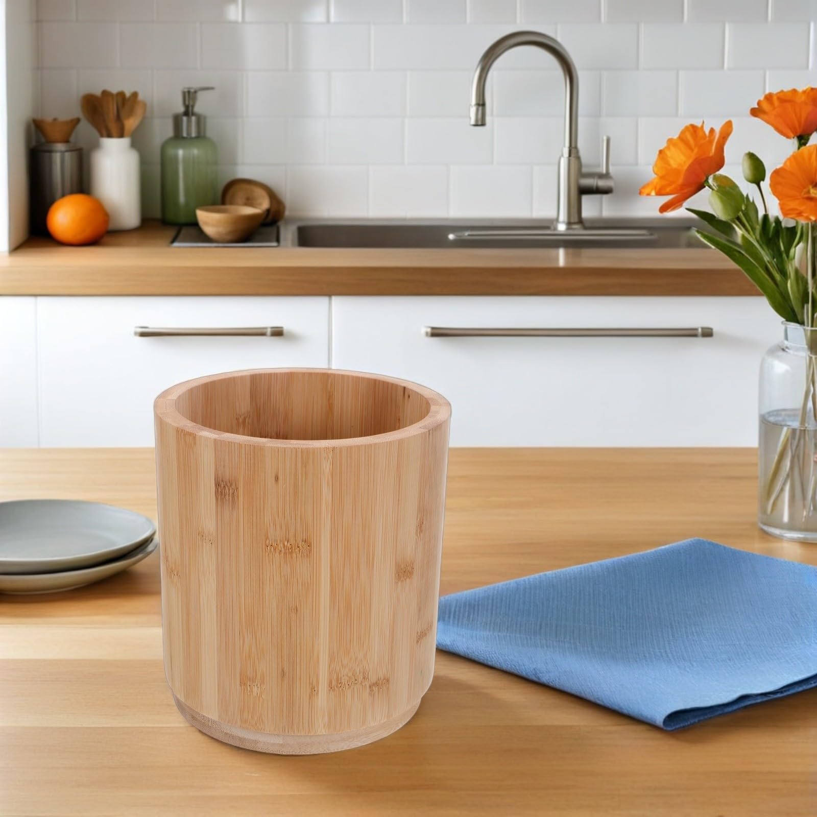 Tofficu Porta Cubiertos y Utensilios de Cocina Giratorio 360° en Madera Natural 17X15 CM, Organizador para Encimera y Uso Diario