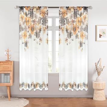 DriftAway Floral Sheer Curtains for Living Room Yellow Brown Flower Printed Light Filtering Curtain Drapes for Bedroom 63 Inches Long 2 Panels Set Rod Pocket Window Treatments Modern Elegant Curtain