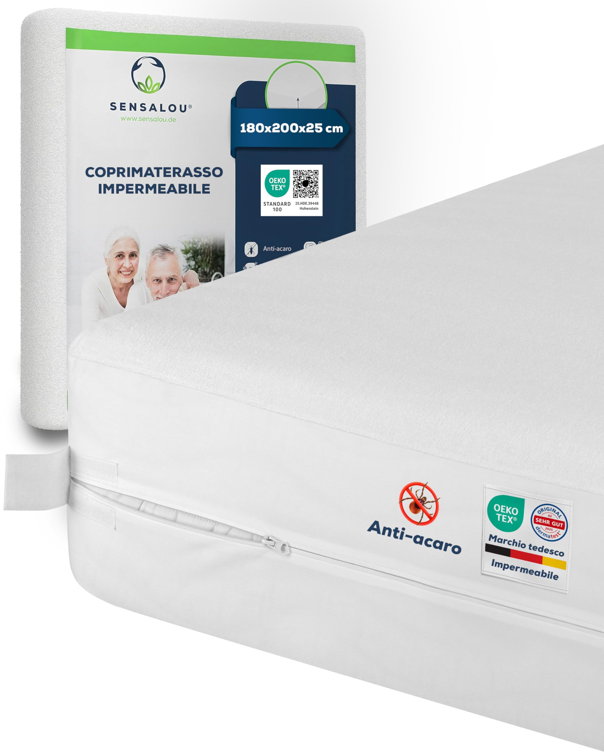 Sensalou Fodera Materasso 180 x 200 x 25 cm Impermeabile e Anti Acari contro Cimici dei Letti, Encasement Silenzioso per Allergici, Coprimaterasso in Spugna Morbida, con Cerniera