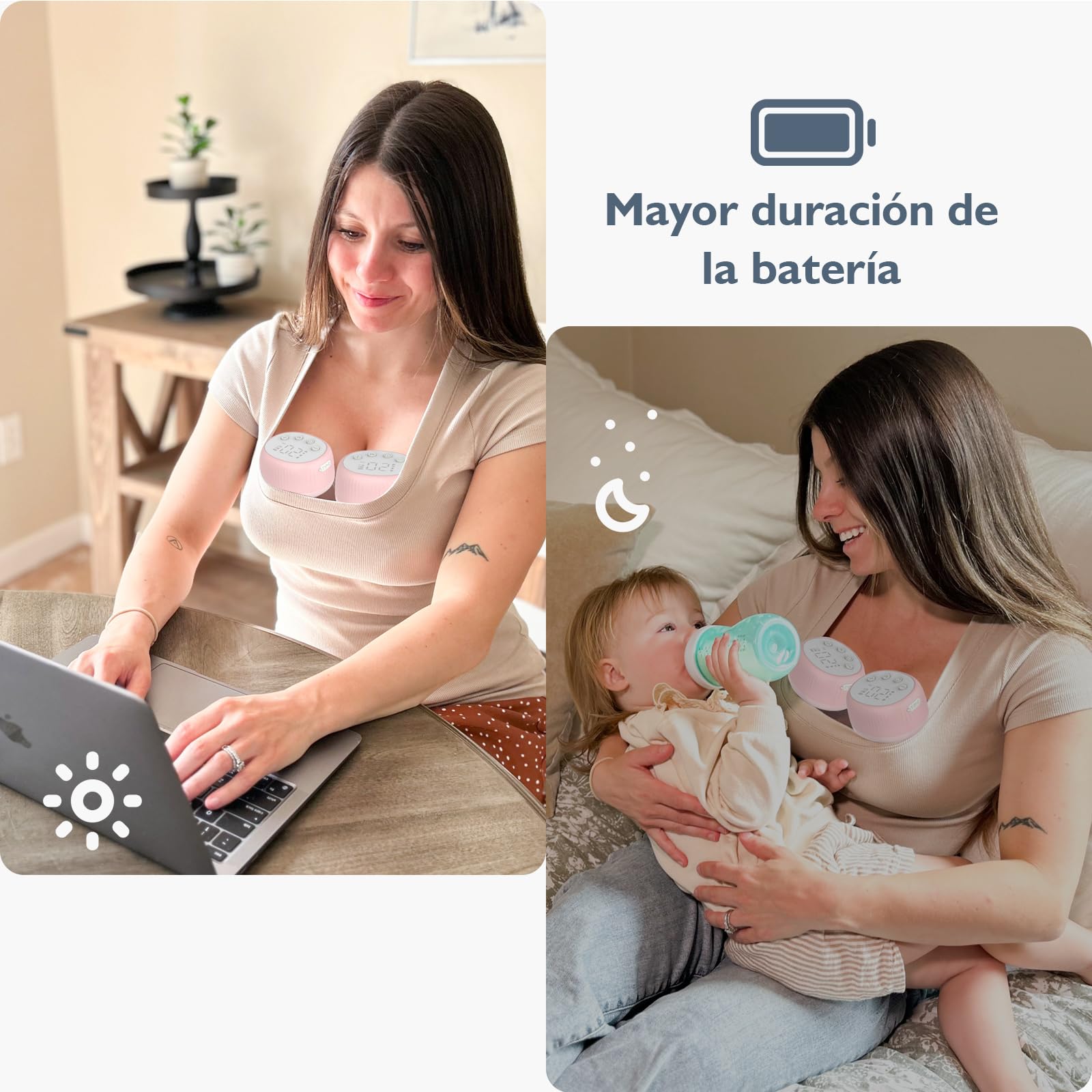 MOMMED Sacaleches Eléctrico Doble, MY-385 Extractor de Leche Materna Portátil, Manos Libres, 4 Modos & 12 Niveles, Sistema Cerrado Antifugas, 24 mm Sacaleches y 19 & 21 mm Insertos de bridas, 2 Unidad