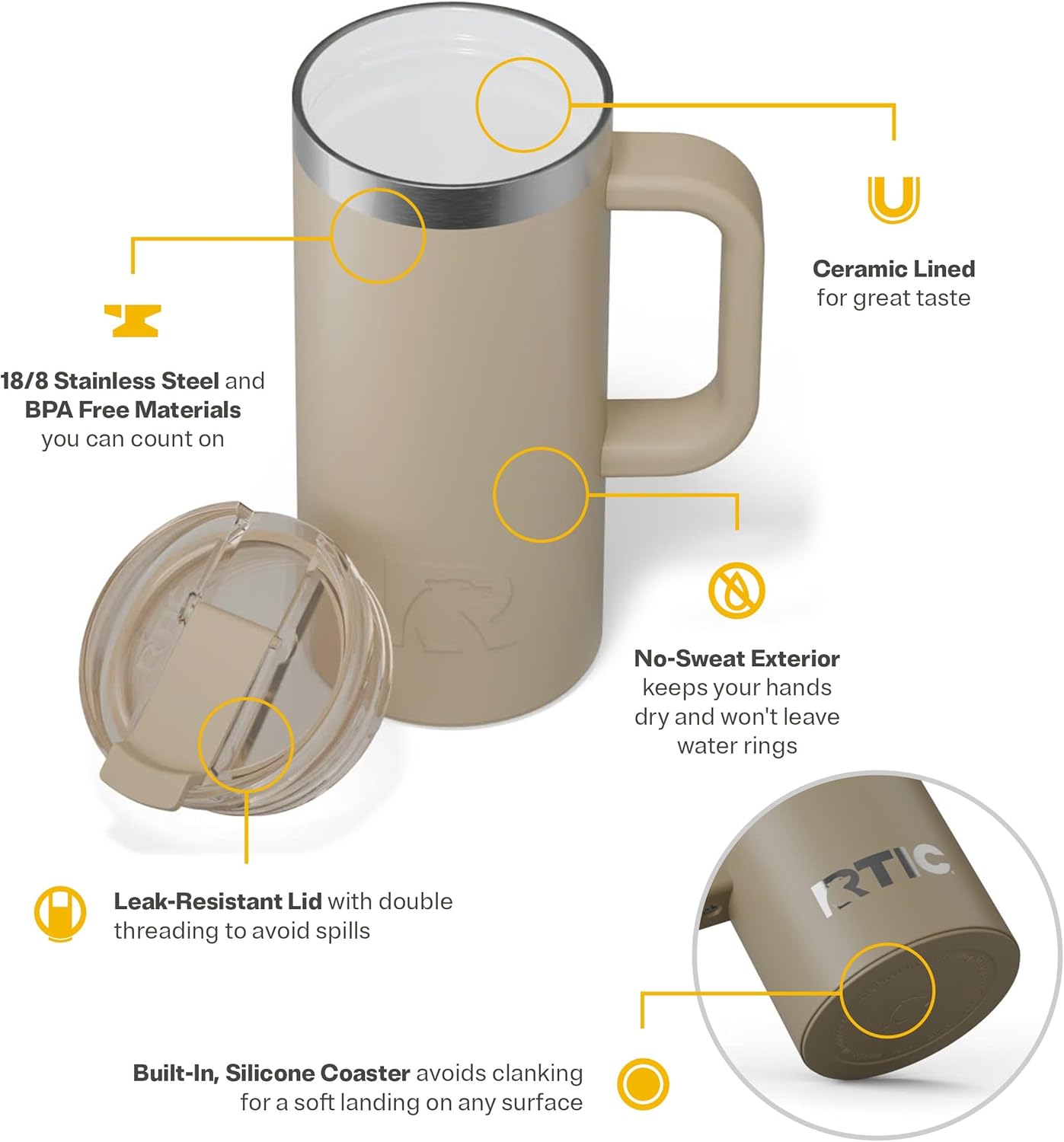 RTIC 16oz Road Trip Travel Mug with Lid and Handle, Ceramic Lined, Insulated, Stainless Steel, Metal, Double Wall Vacuum-Insulation, Portable Coffee, Tea Cup for Hot and Cold Drink, Beach - Image 4