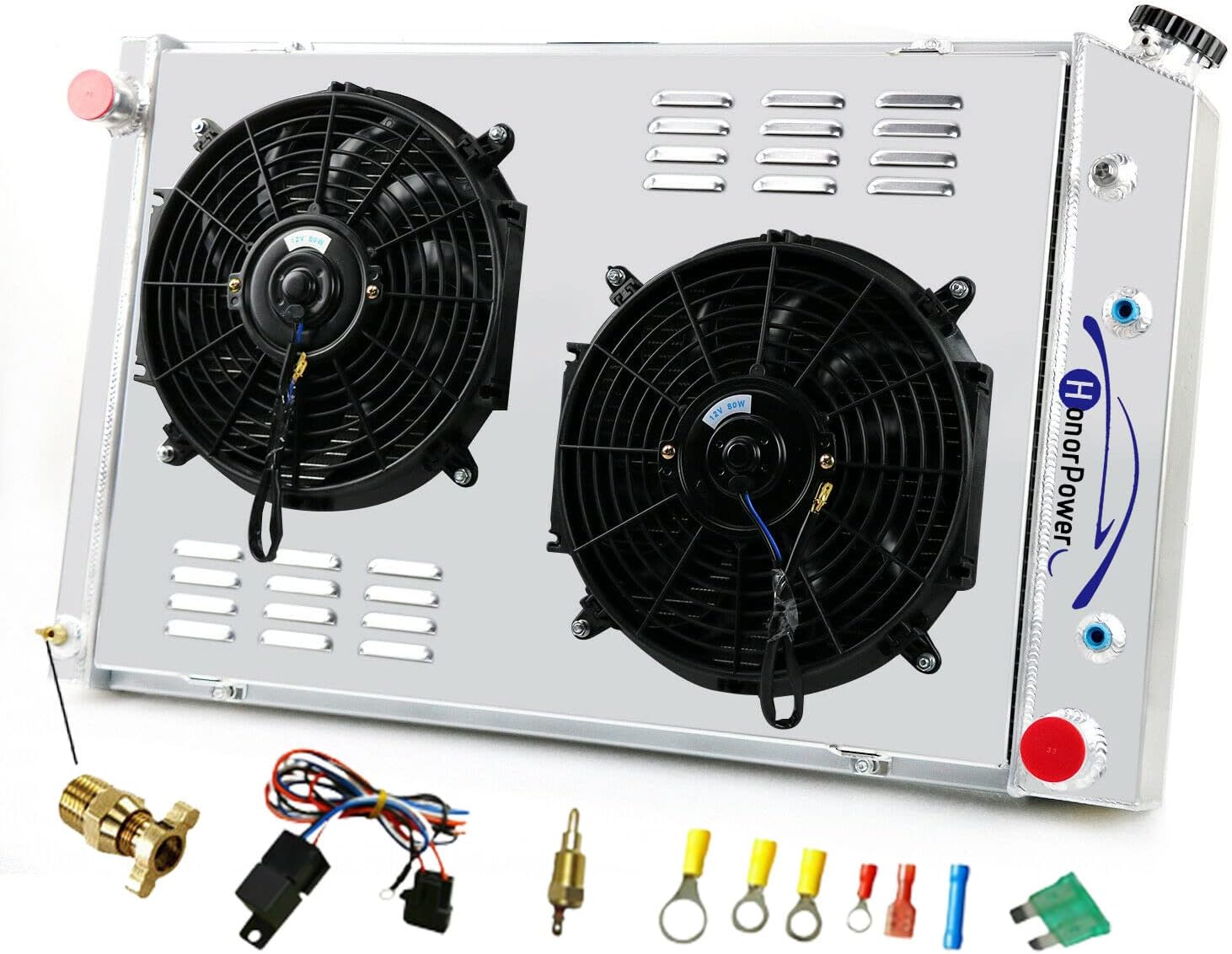 CC716AA 4 Row Core Aluminum Radiator + 2 X 12" Fan W/Shroud + Relay for 1973-1991 84 85 Chevy C/K/P/R Series C10/C20/C30/K10/K20/K30 Pickup Trucks Blazer Jimmy Suburban Multiple V8 Models