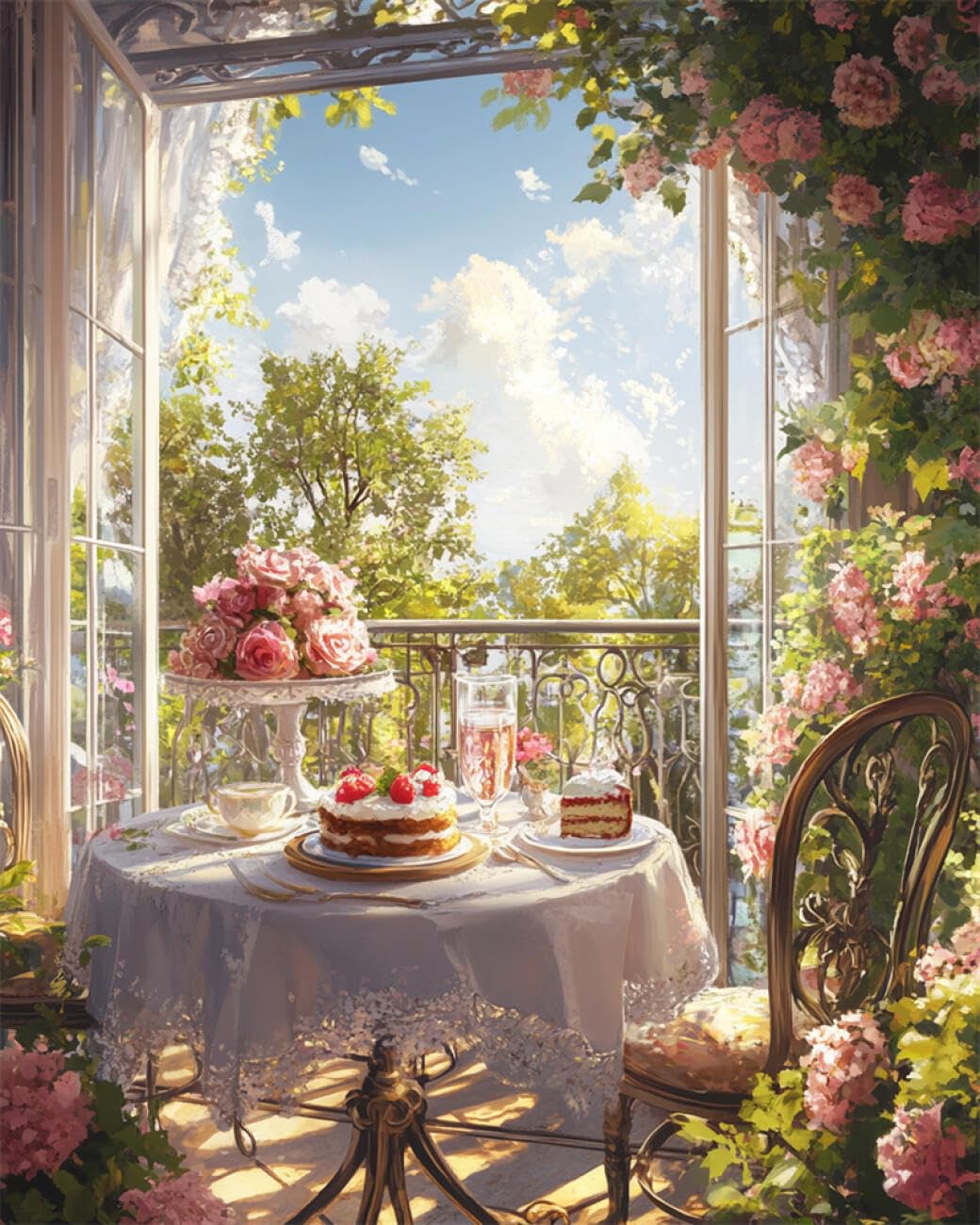 RKFLGEW DIY Embroidery Set Afternoon Tea Time On The Balcony 50x70cm