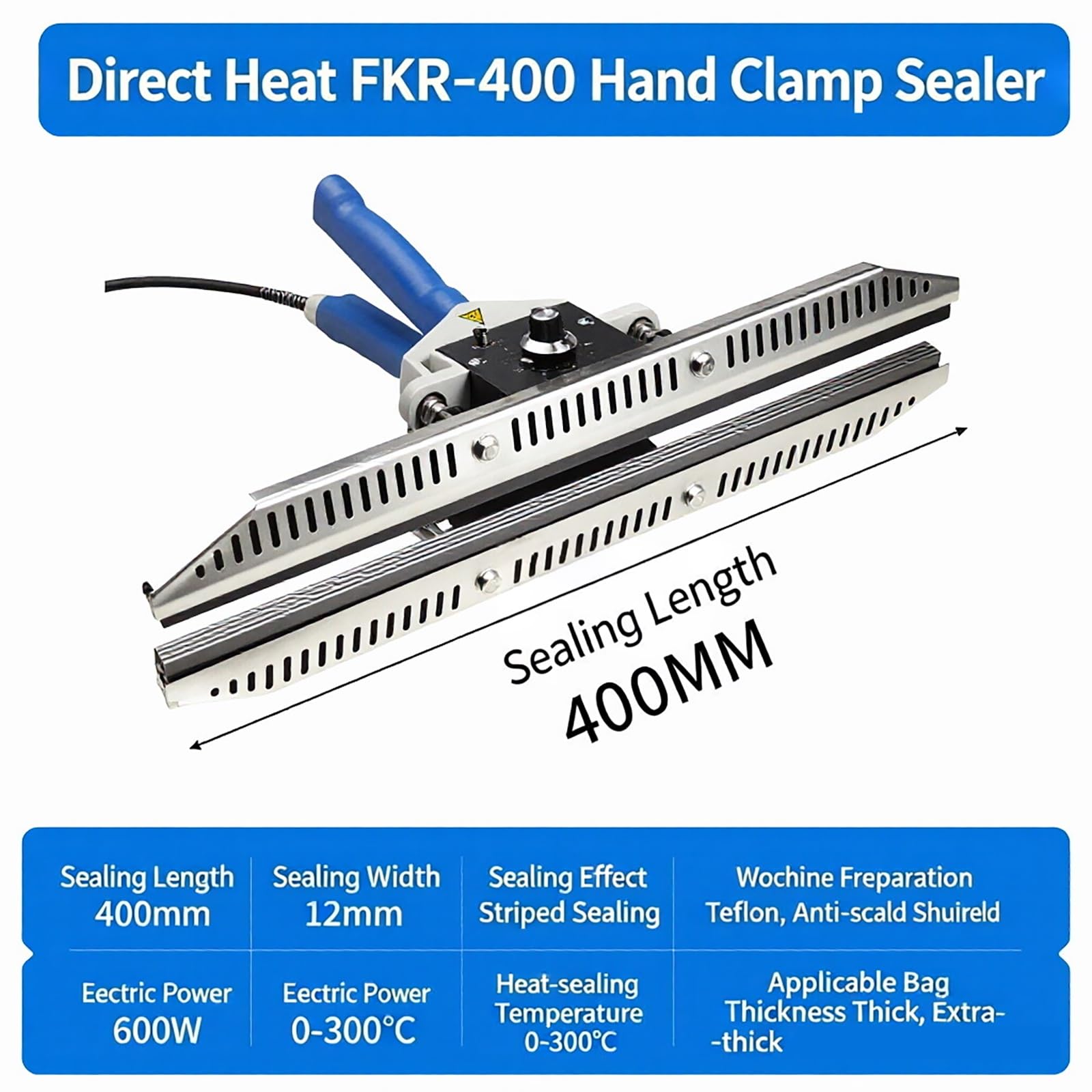 Sellador térmico manual, máquina de sellado térmico de mano de 300 W con ajustable de 0 a 300 °C para película compuesta y bolsas de papel kraft, herramienta de crimpado portátil para embalaje