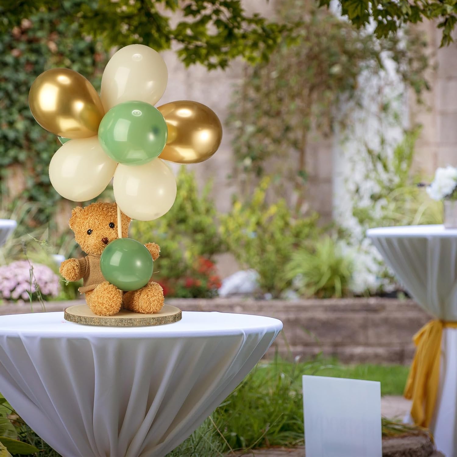 Baby Shower Table Centerpiece Decor 144 Pcs Balloons Wooden 9-10in Rounds Circles Slices with Stick DIY Craft Birthday Wedding Gender Reveal Bear Party Table Decorations(Gold and Green)