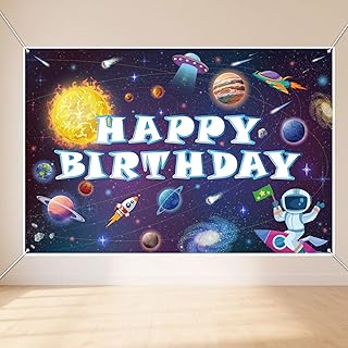 Space Astronaut Happy Birthday Party Backdrop, 100x150cm/39.37x59in Astronaut Outer Space Party Banner Backdrop Galaxy Theme Birthday Hanging Decoration for Boys Girls